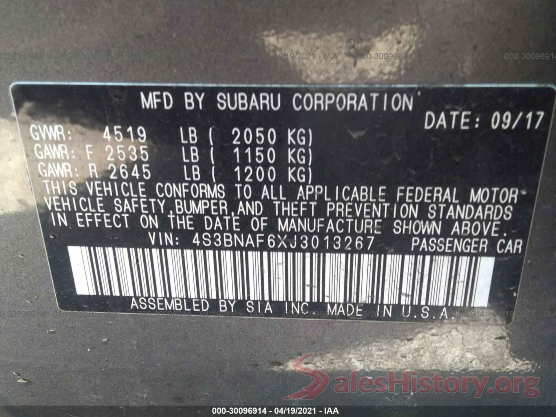 4S3BNAF6XJ3013267 2018 SUBARU LEGACY