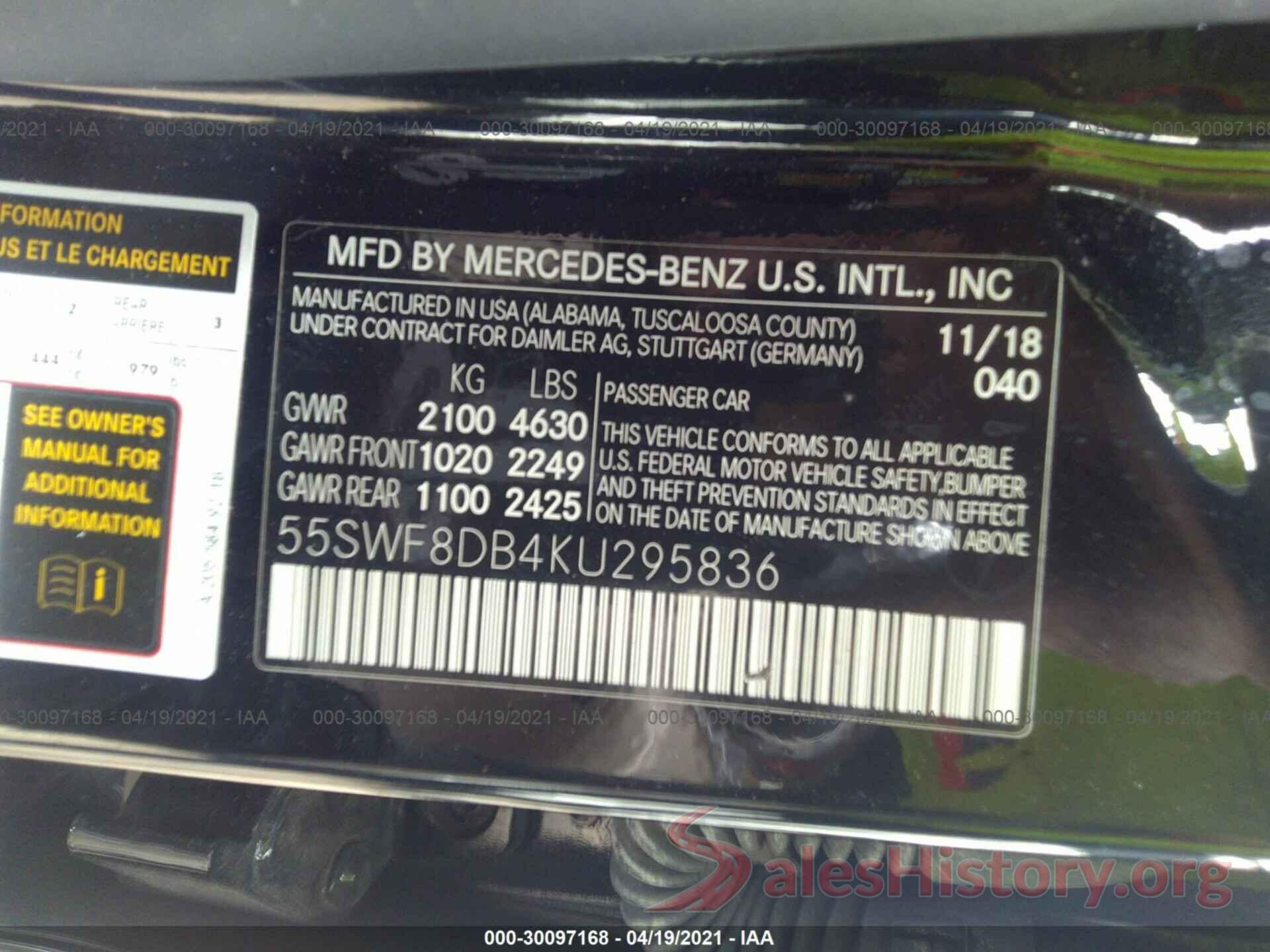 55SWF8DB4KU295836 2019 MERCEDES-BENZ C-CLASS