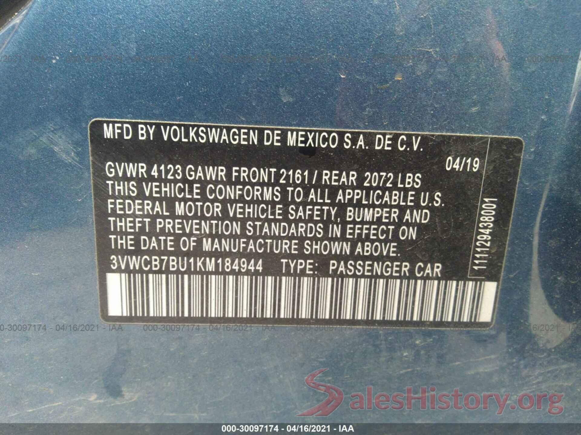 3VWCB7BU1KM184944 2019 VOLKSWAGEN JETTA