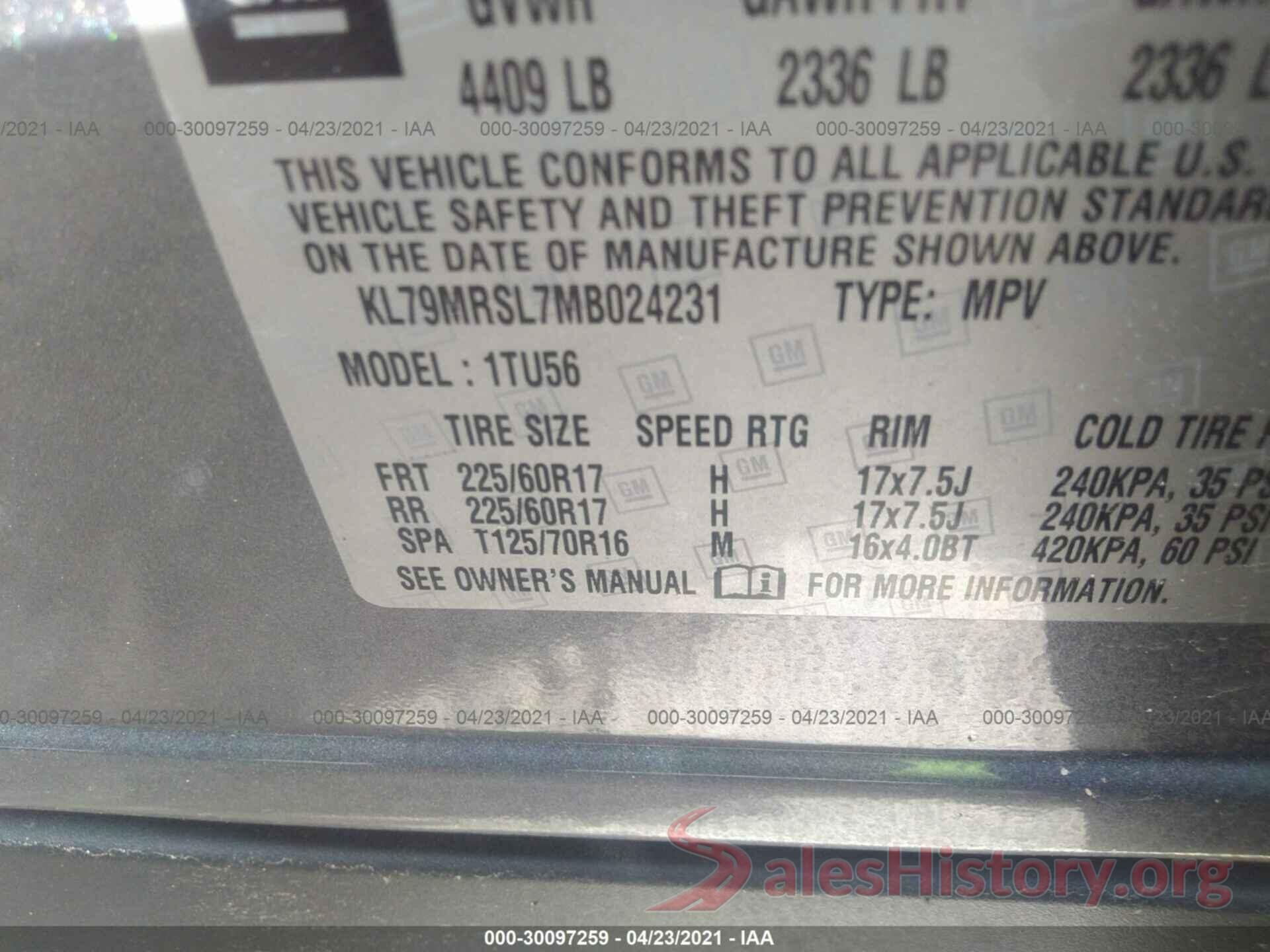 KL79MRSL7MB024231 2021 CHEVROLET TRAILBLAZER