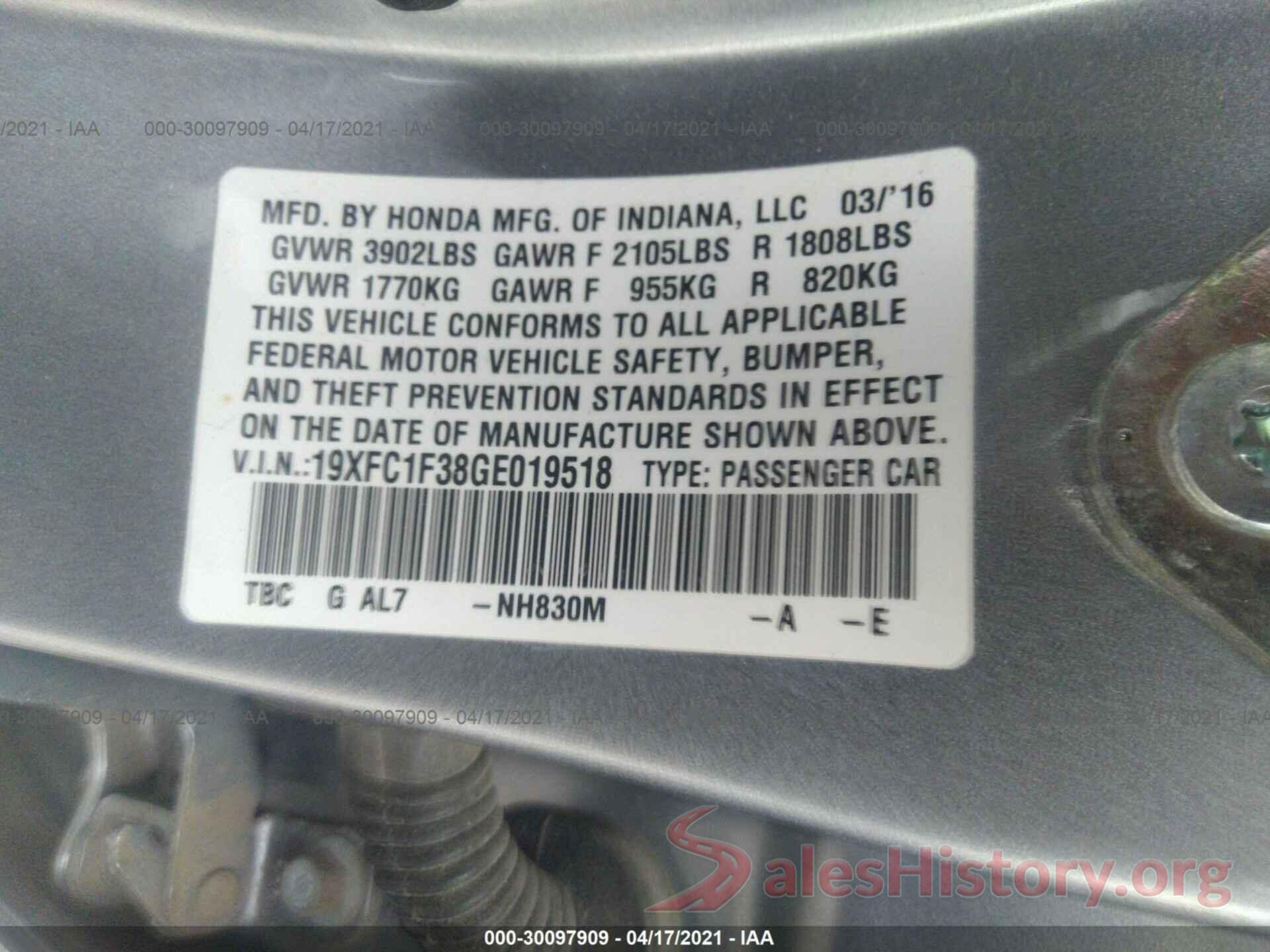 19XFC1F38GE019518 2016 HONDA CIVIC SEDAN