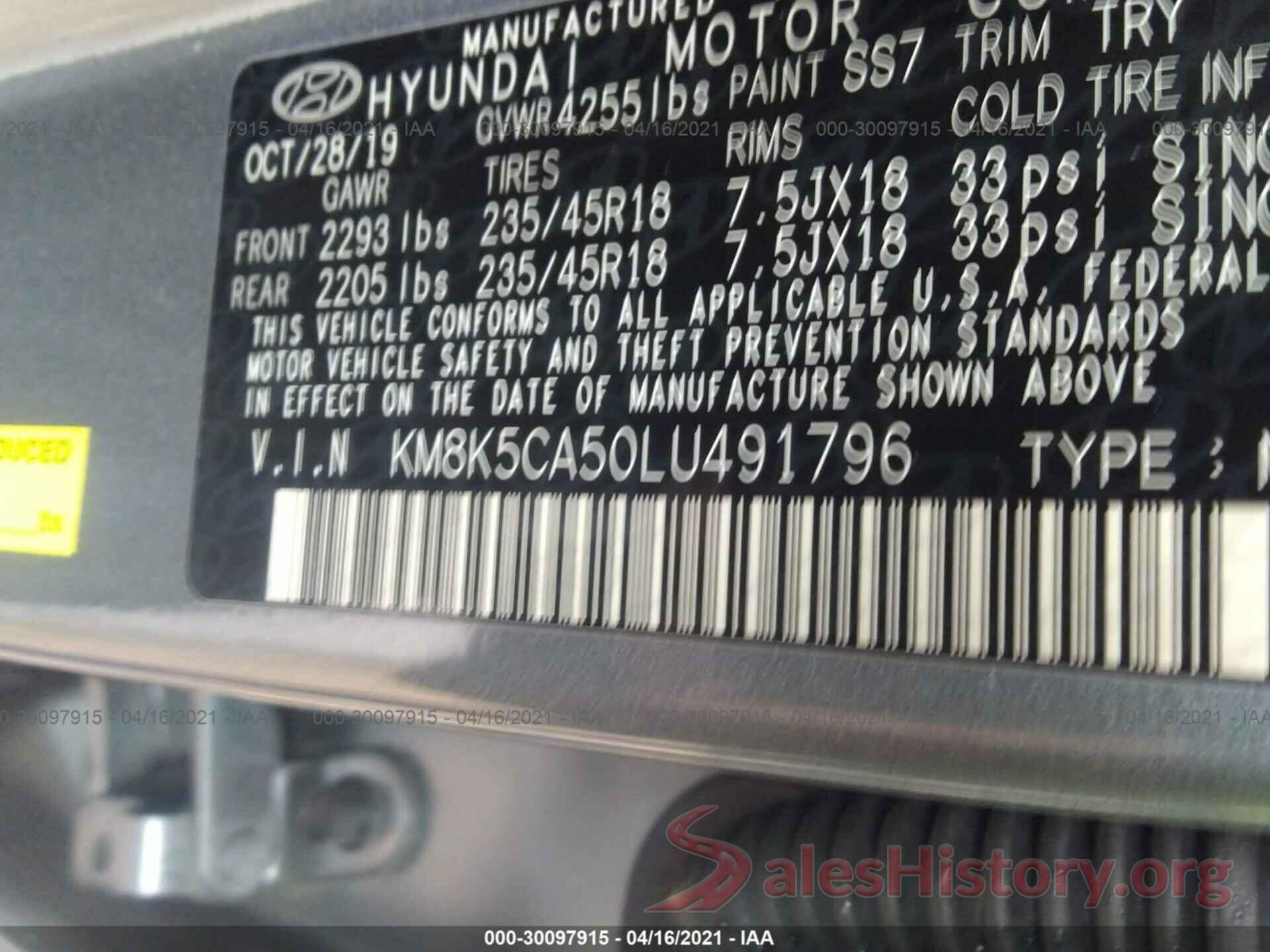 KM8K5CA50LU491796 2020 HYUNDAI KONA