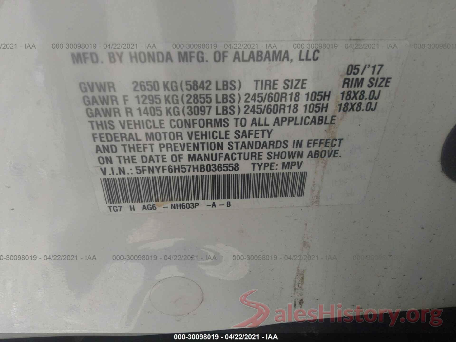 5FNYF6H57HB036558 2017 HONDA PILOT