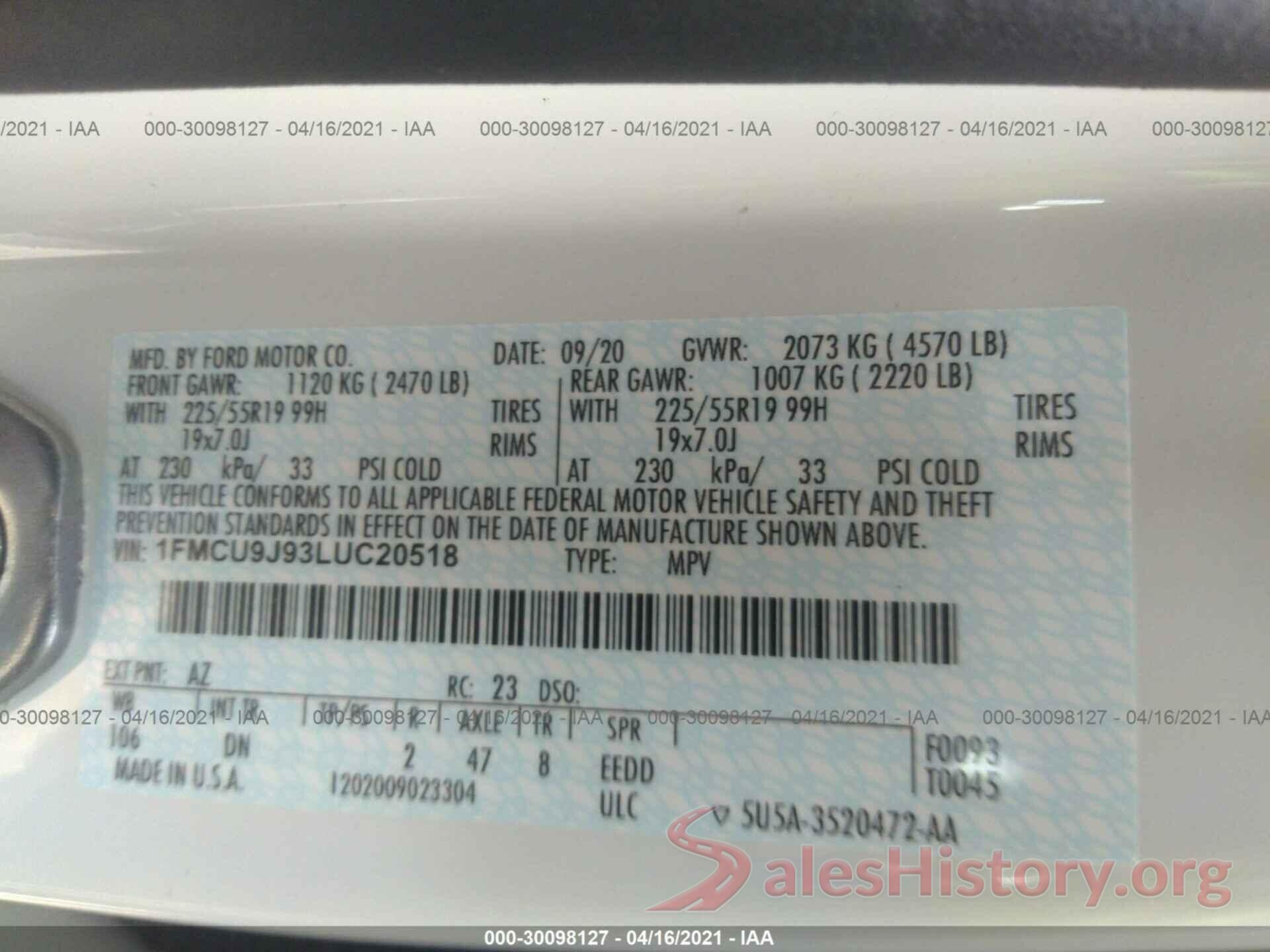 1FMCU9J93LUC20518 2020 FORD ESCAPE