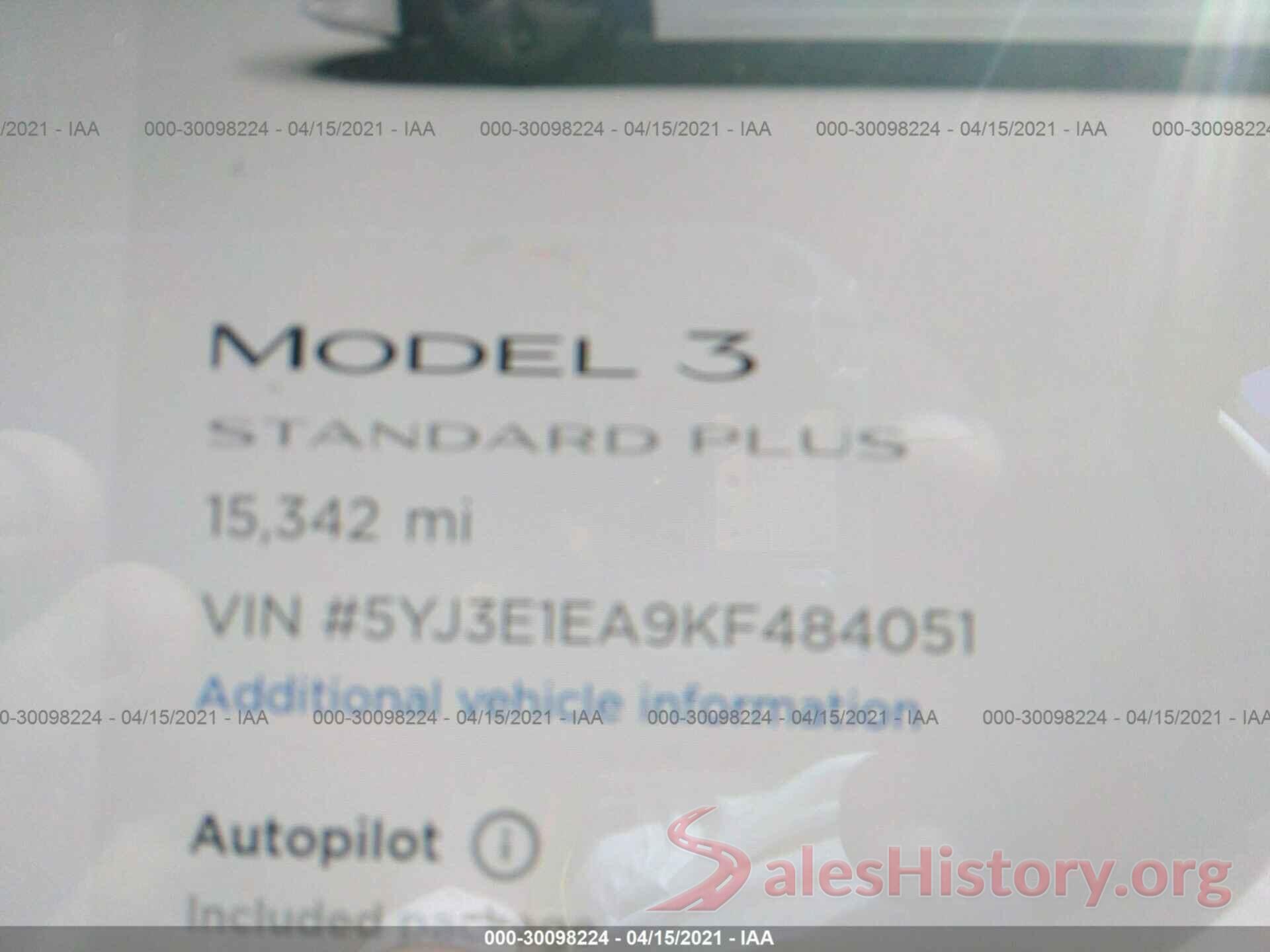 5YJ3E1EA9KF484051 2019 TESLA MODEL 3