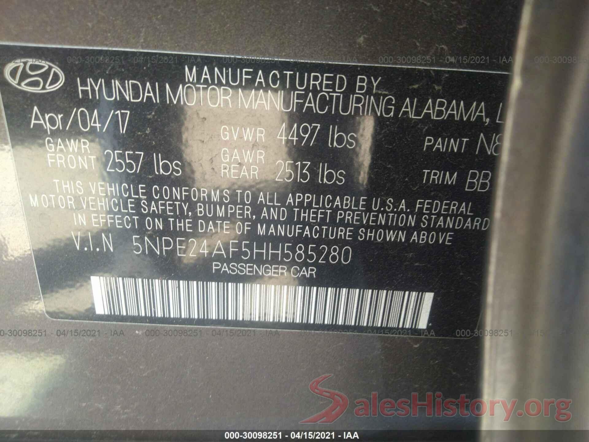 5NPE24AF5HH585280 2017 HYUNDAI SONATA