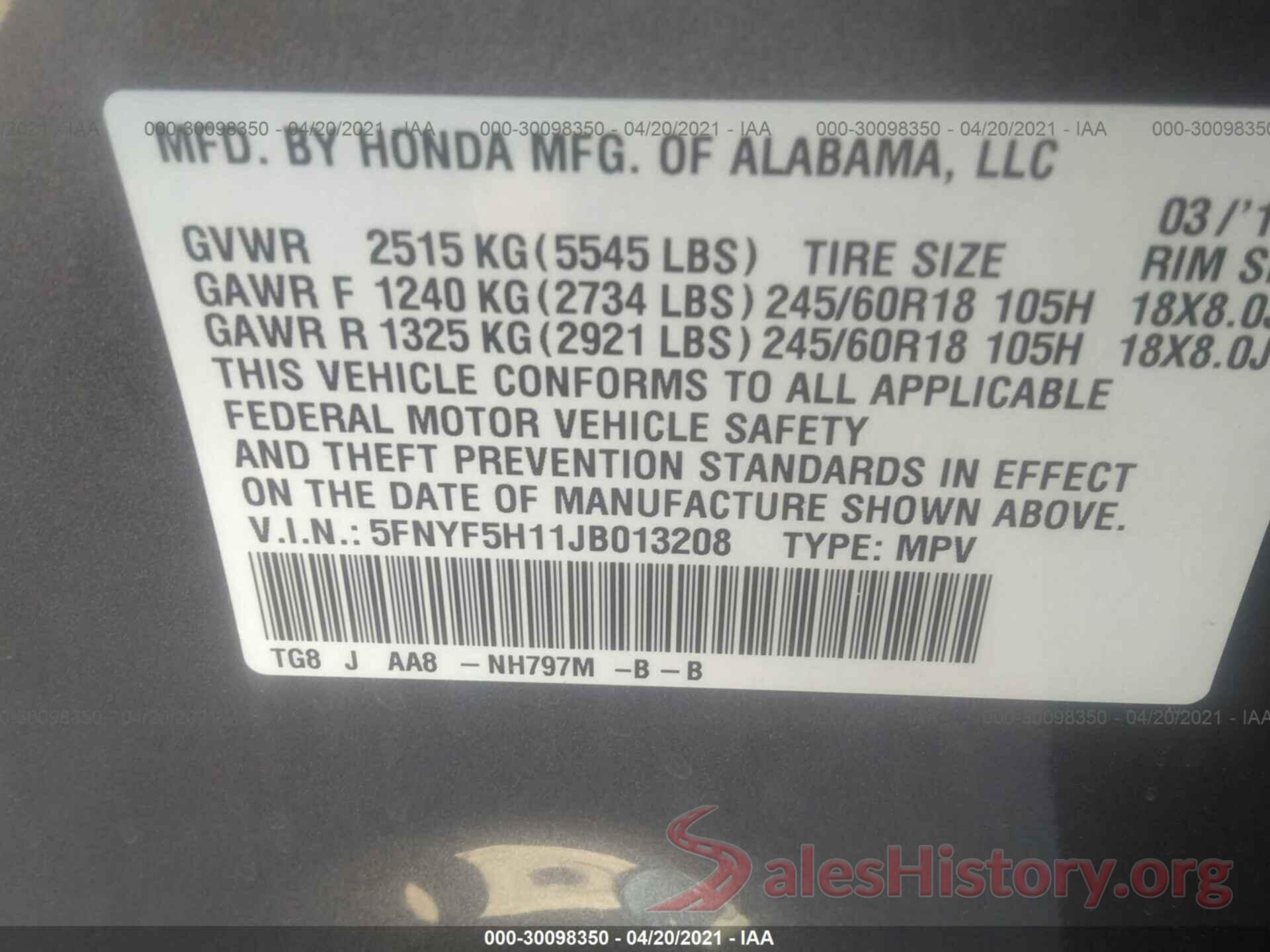 5FNYF5H11JB013208 2018 HONDA PILOT