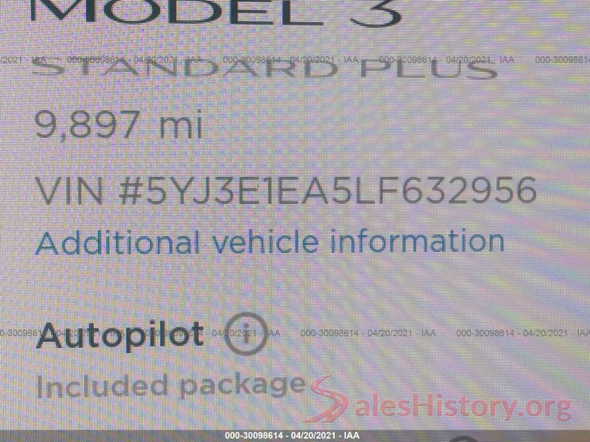 5YJ3E1EA5LF632956 2020 TESLA MODEL 3