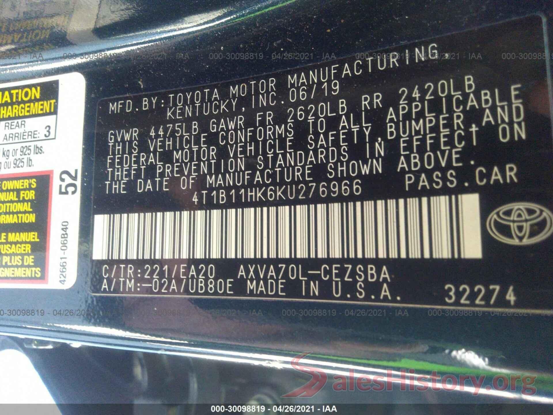 4T1B11HK6KU276966 2019 TOYOTA CAMRY