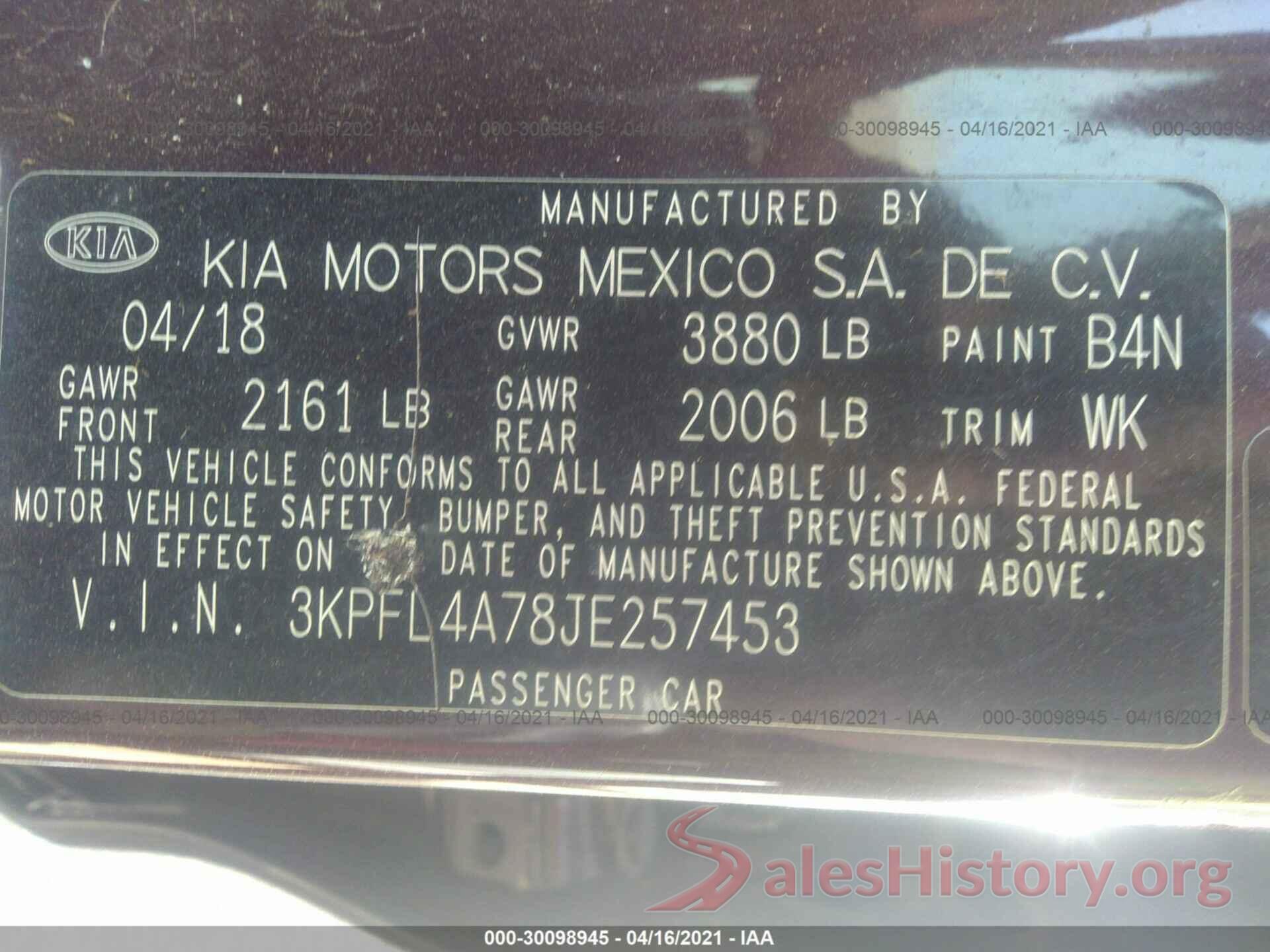 3KPFL4A78JE257453 2018 KIA FORTE