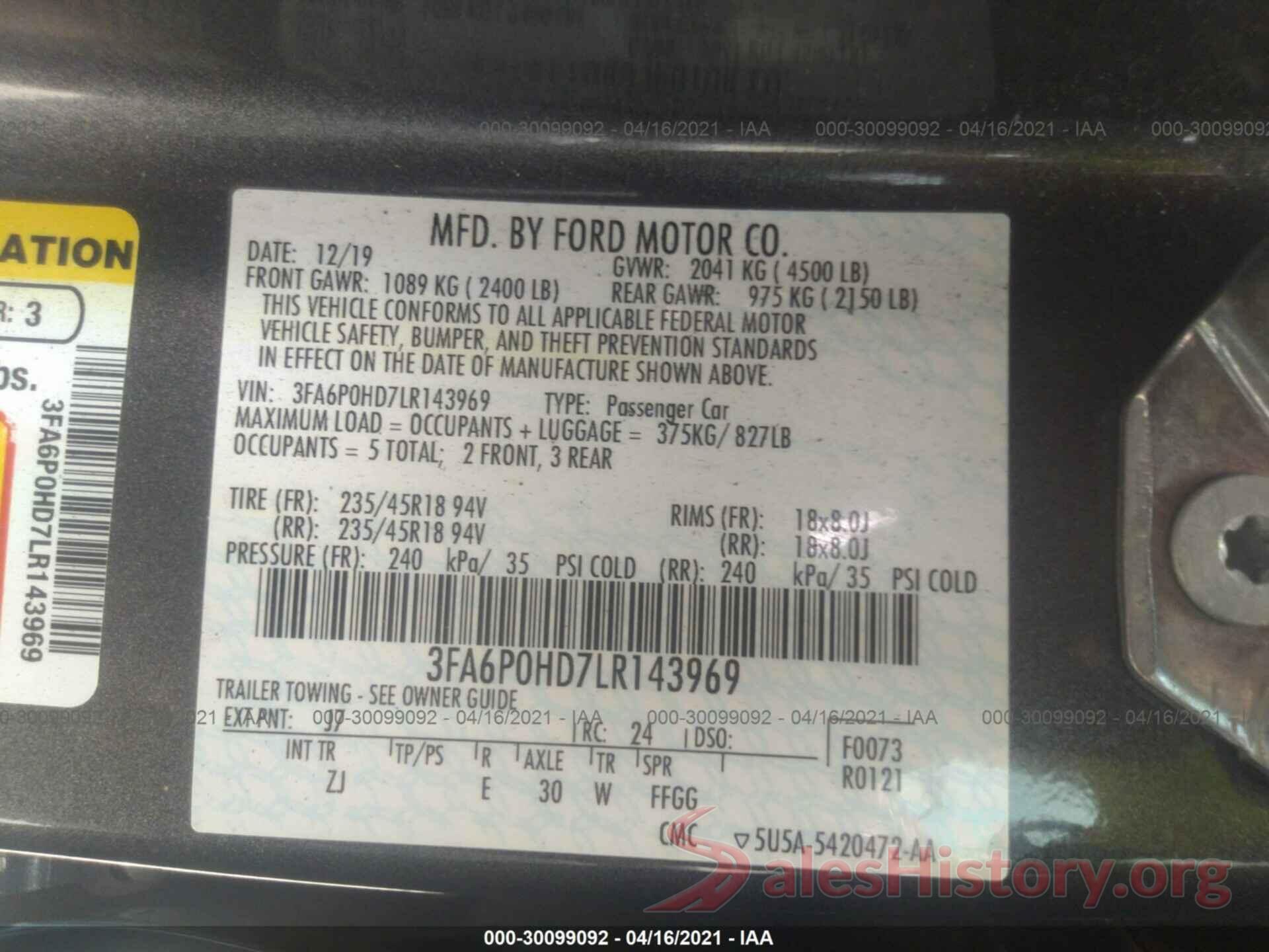 3FA6P0HD7LR143969 2020 FORD FUSION