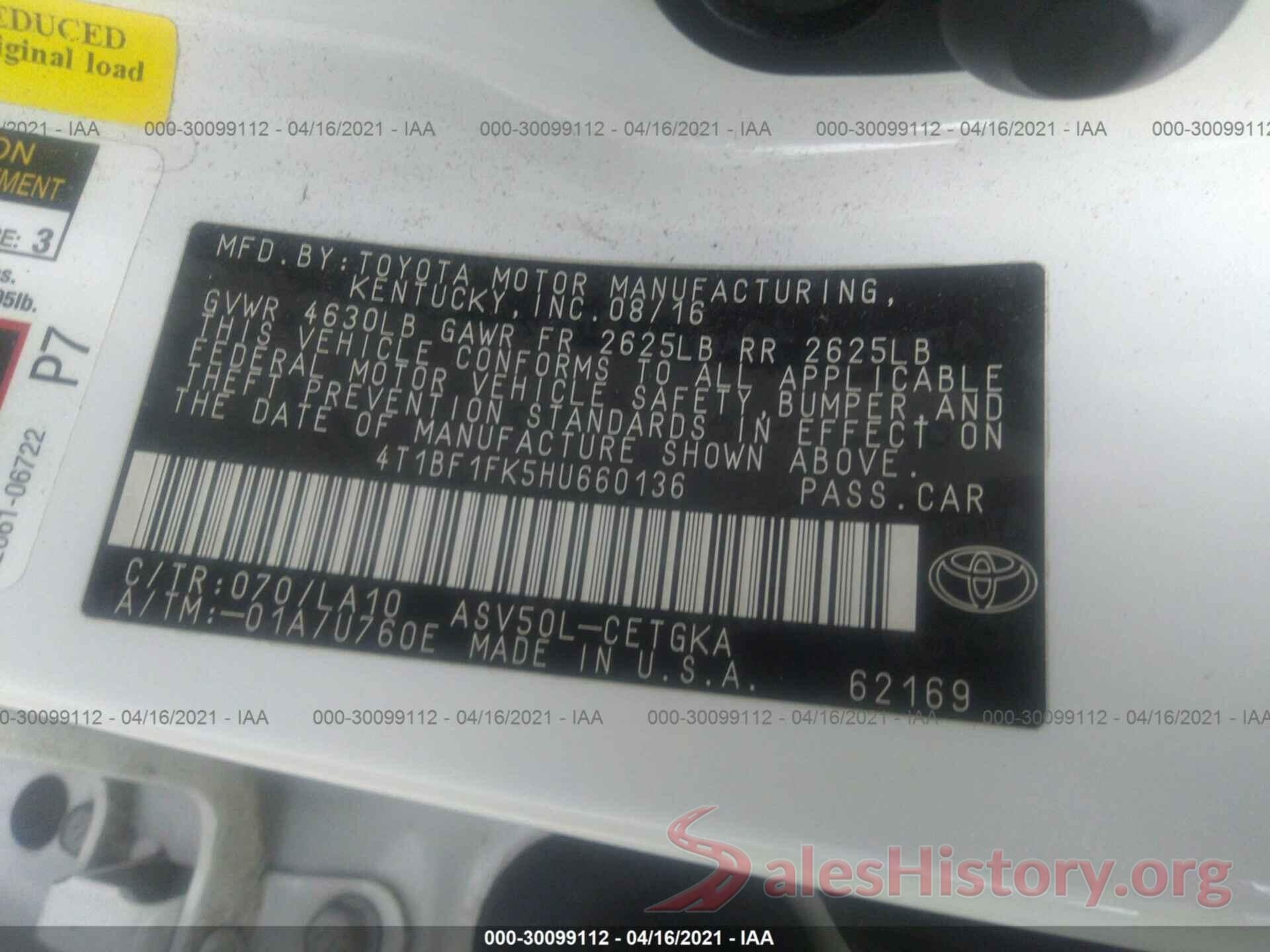 4T1BF1FK5HU660136 2017 TOYOTA CAMRY