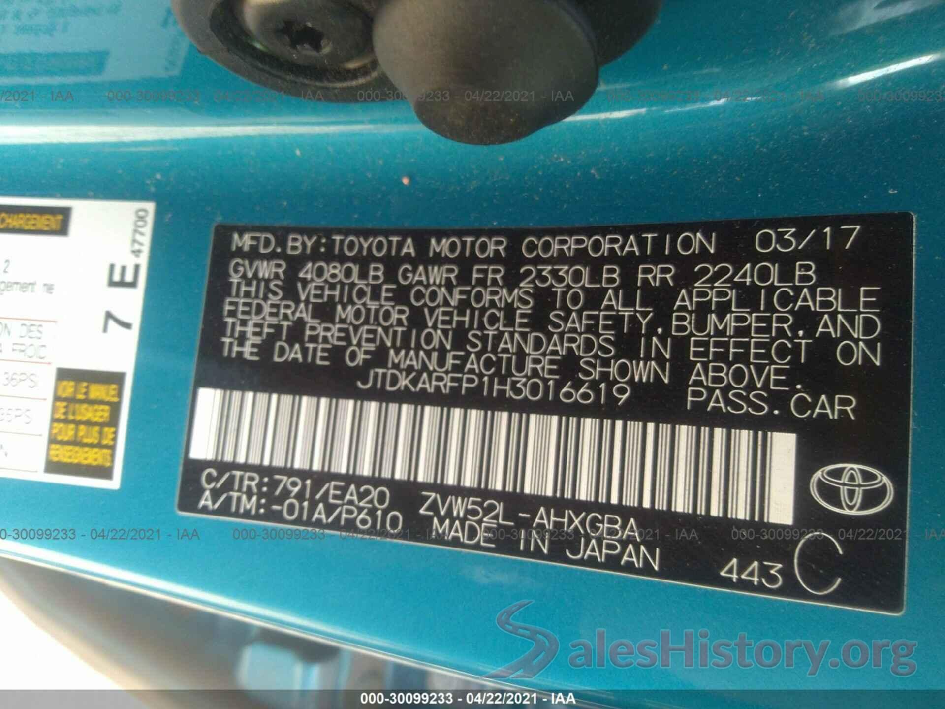 JTDKARFP1H3016619 2017 TOYOTA PRIUS PRIME