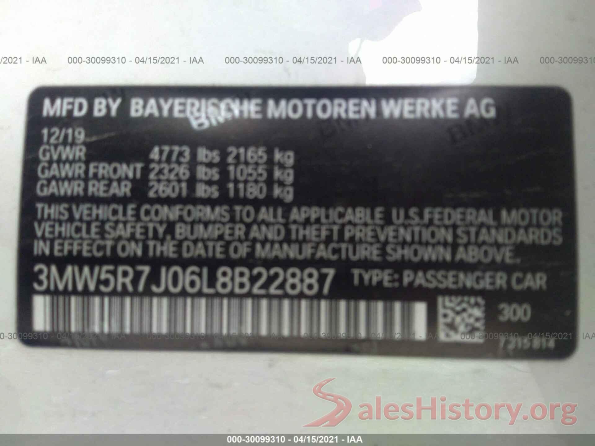 3MW5R7J06L8B22887 2020 BMW 3 SERIES