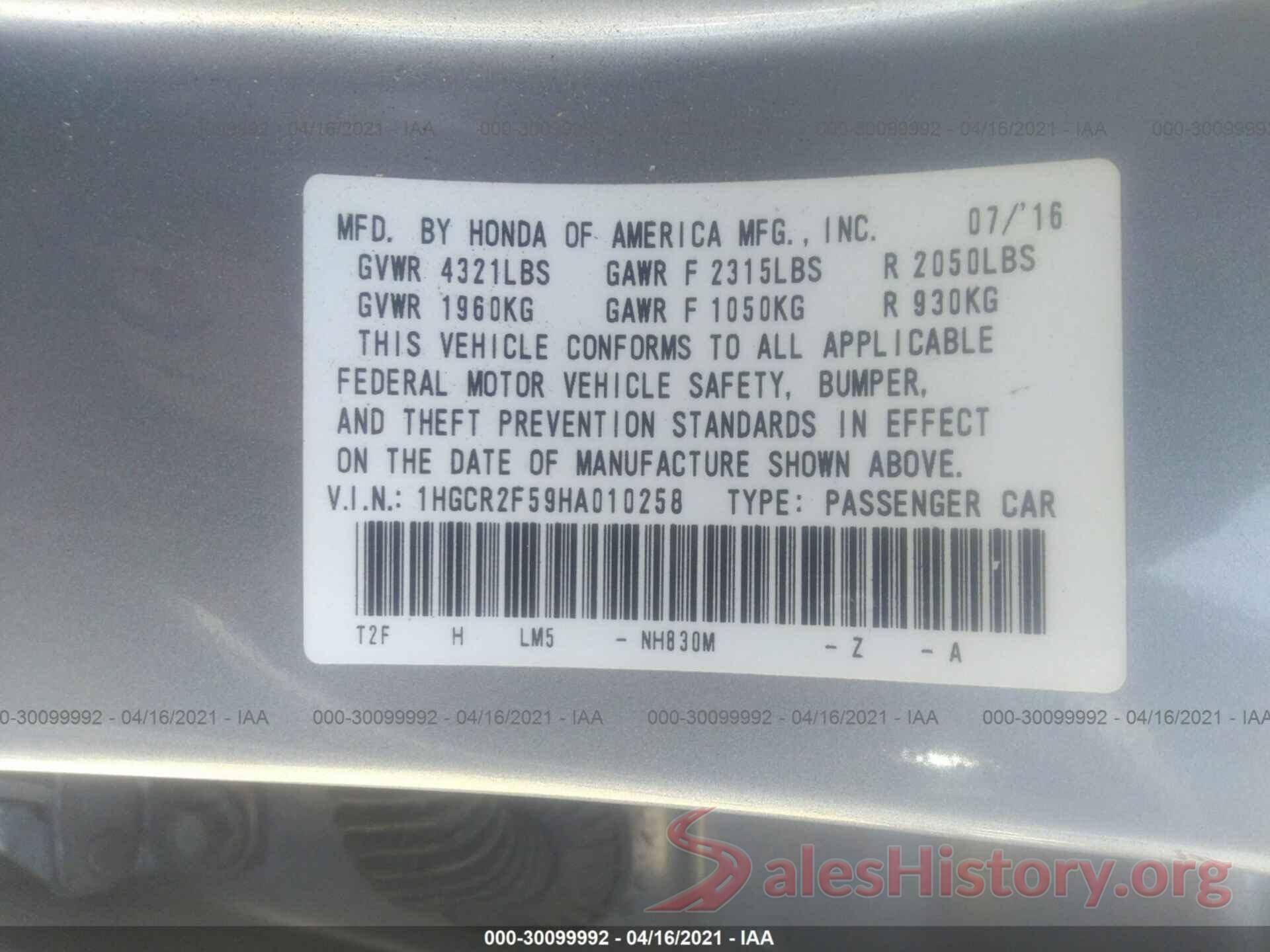 1HGCR2F59HA010258 2017 HONDA ACCORD SEDAN