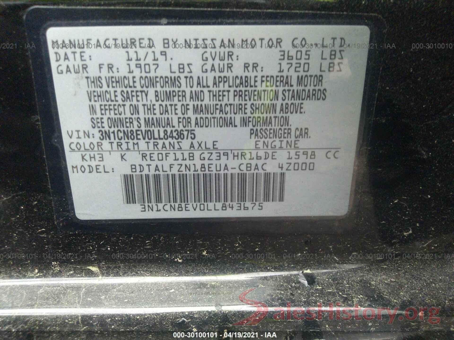 3N1CN8EV0LL843675 2020 NISSAN VERSA