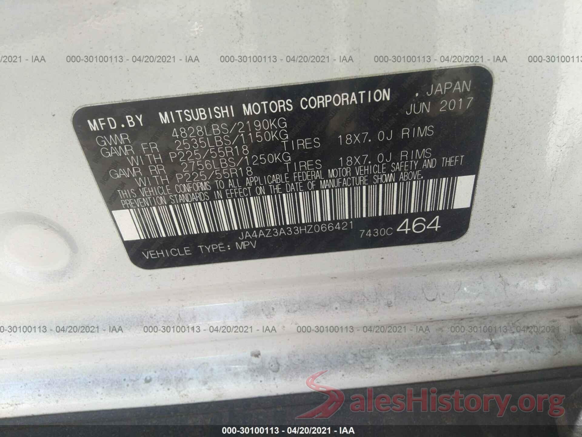 JA4AZ3A33HZ066421 2017 MITSUBISHI OUTLANDER