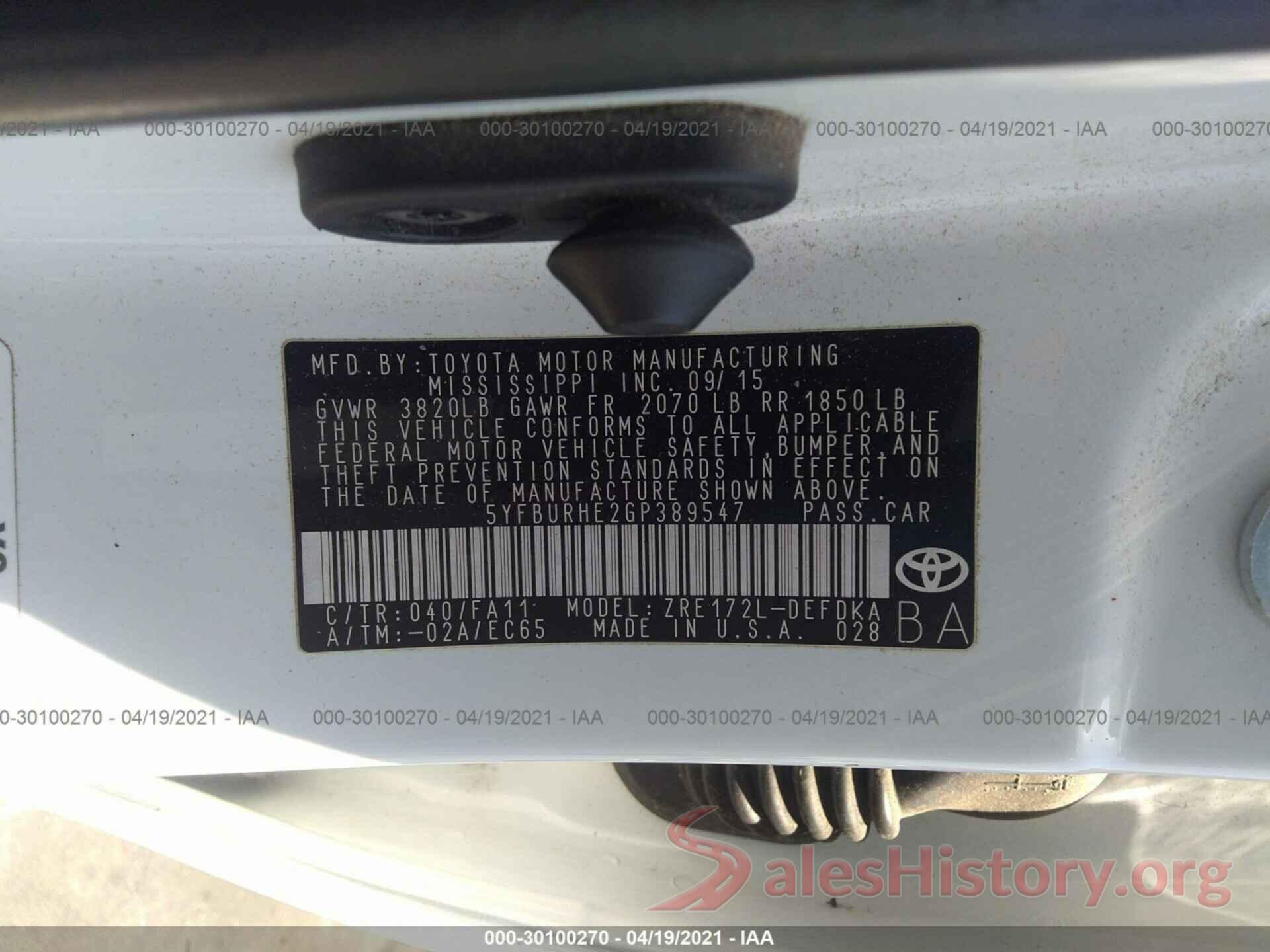 5YFBURHE2GP389547 2016 TOYOTA COROLLA