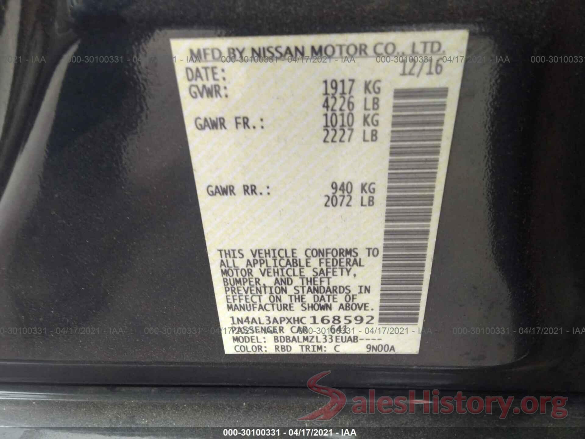 1N4AL3APXHC168592 2017 NISSAN ALTIMA