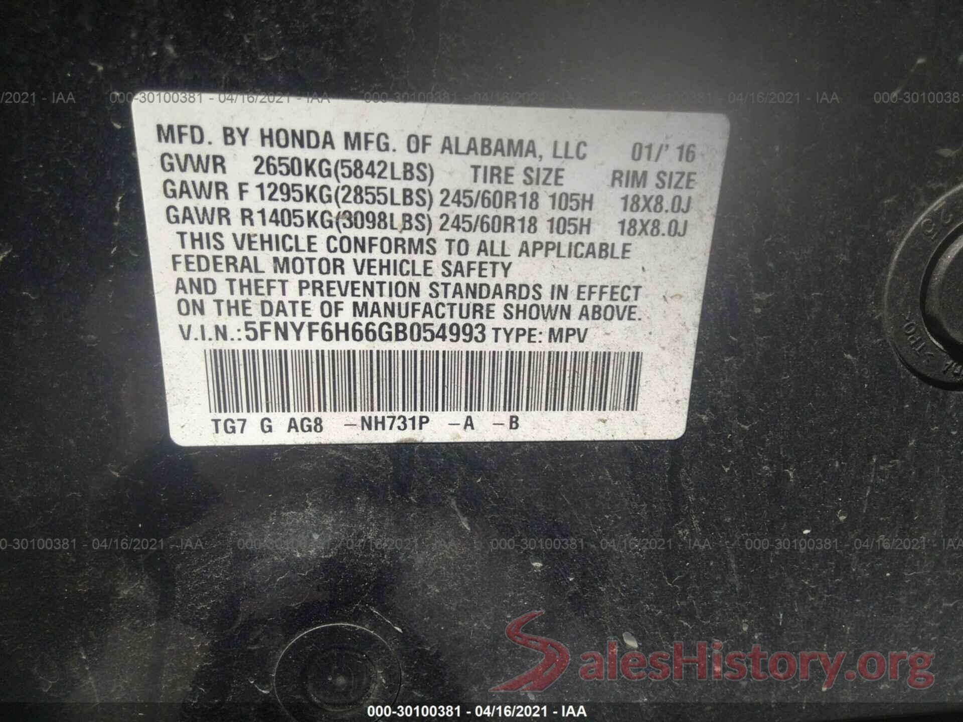 5FNYF6H66GB054993 2016 HONDA PILOT