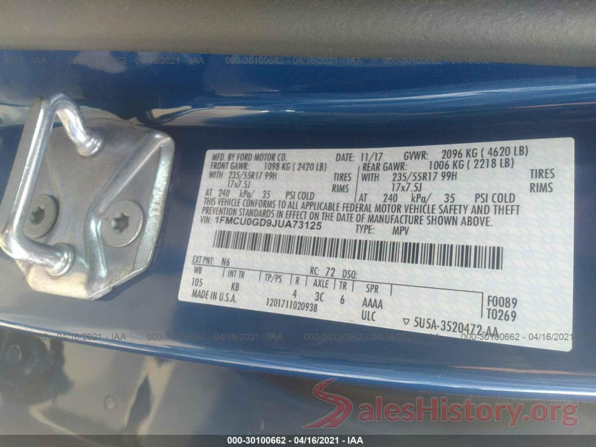 1FMCU0GD9JUA73125 2018 FORD ESCAPE