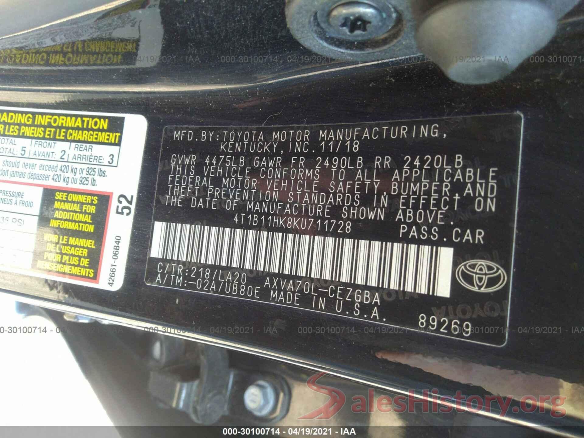 4T1B11HK8KU711728 2019 TOYOTA CAMRY