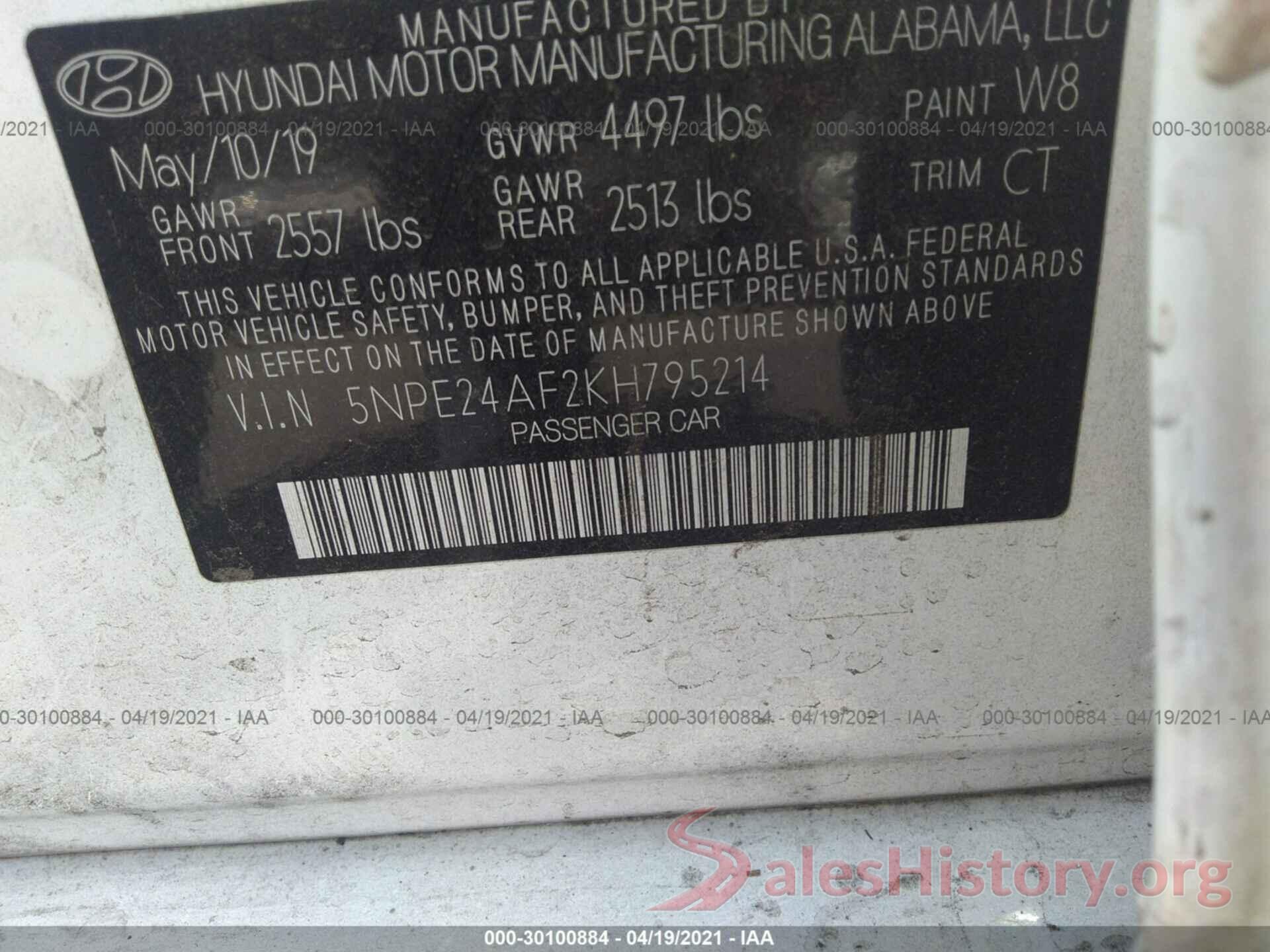 5NPE24AF2KH795214 2019 HYUNDAI SONATA