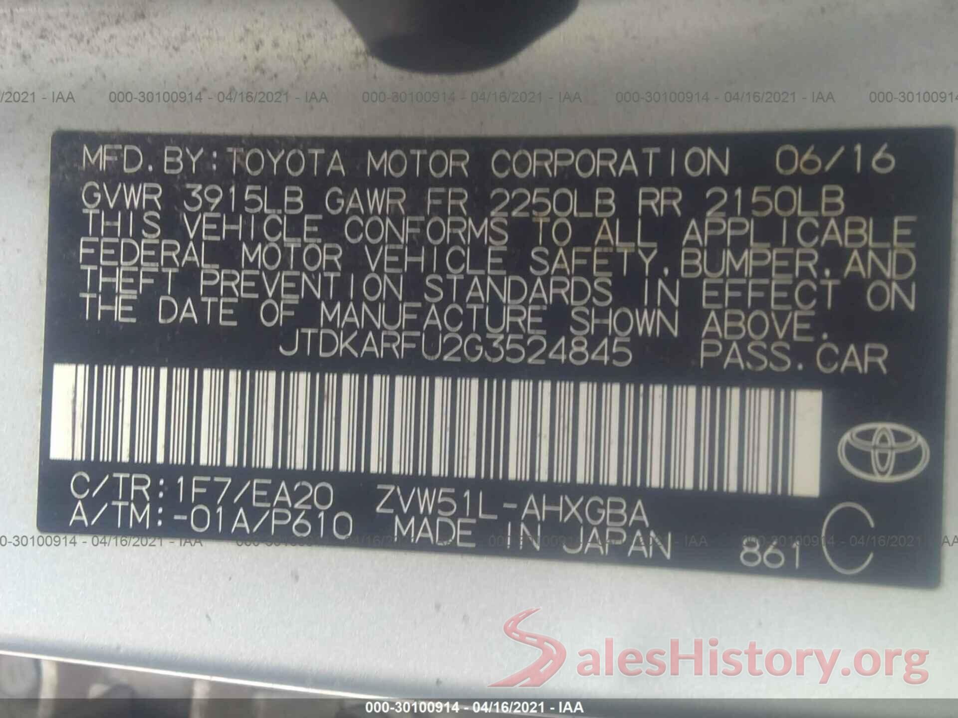 JTDKARFU2G3524845 2016 TOYOTA PRIUS