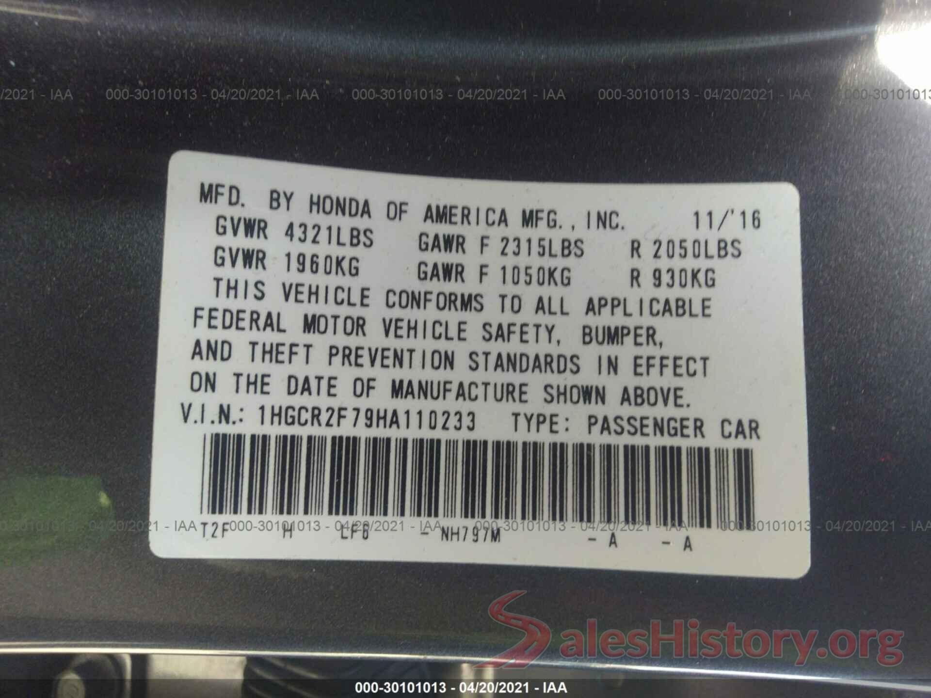 1HGCR2F79HA110233 2017 HONDA ACCORD SEDAN