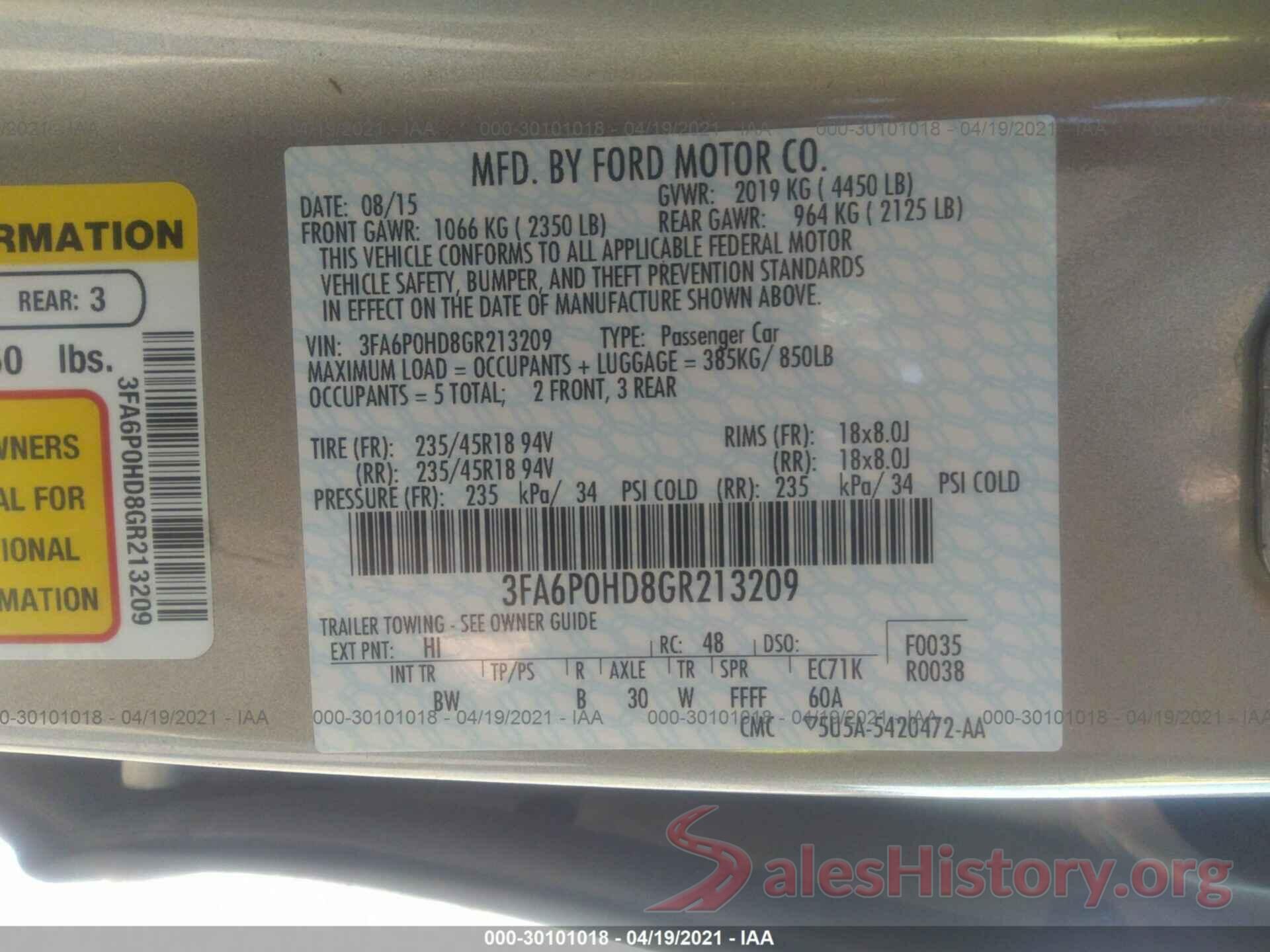 3FA6P0HD8GR213209 2016 FORD FUSION