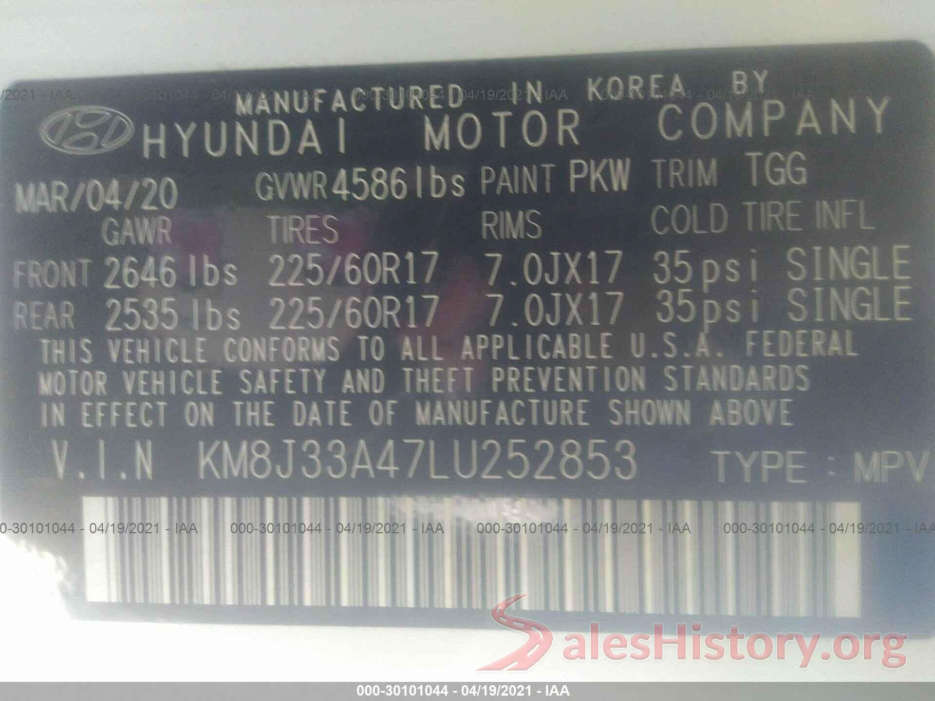 KM8J33A47LU252853 2020 HYUNDAI TUCSON