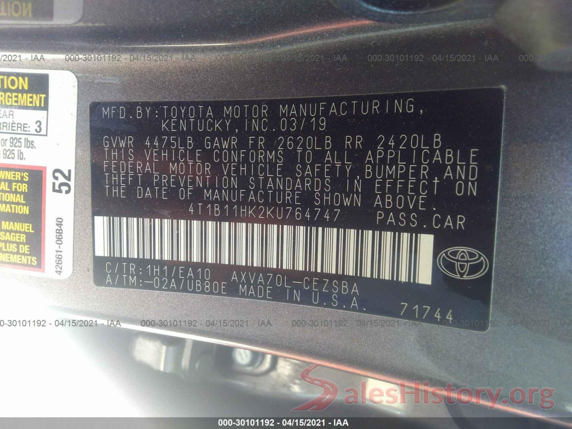 4T1B11HK2KU764747 2019 TOYOTA CAMRY