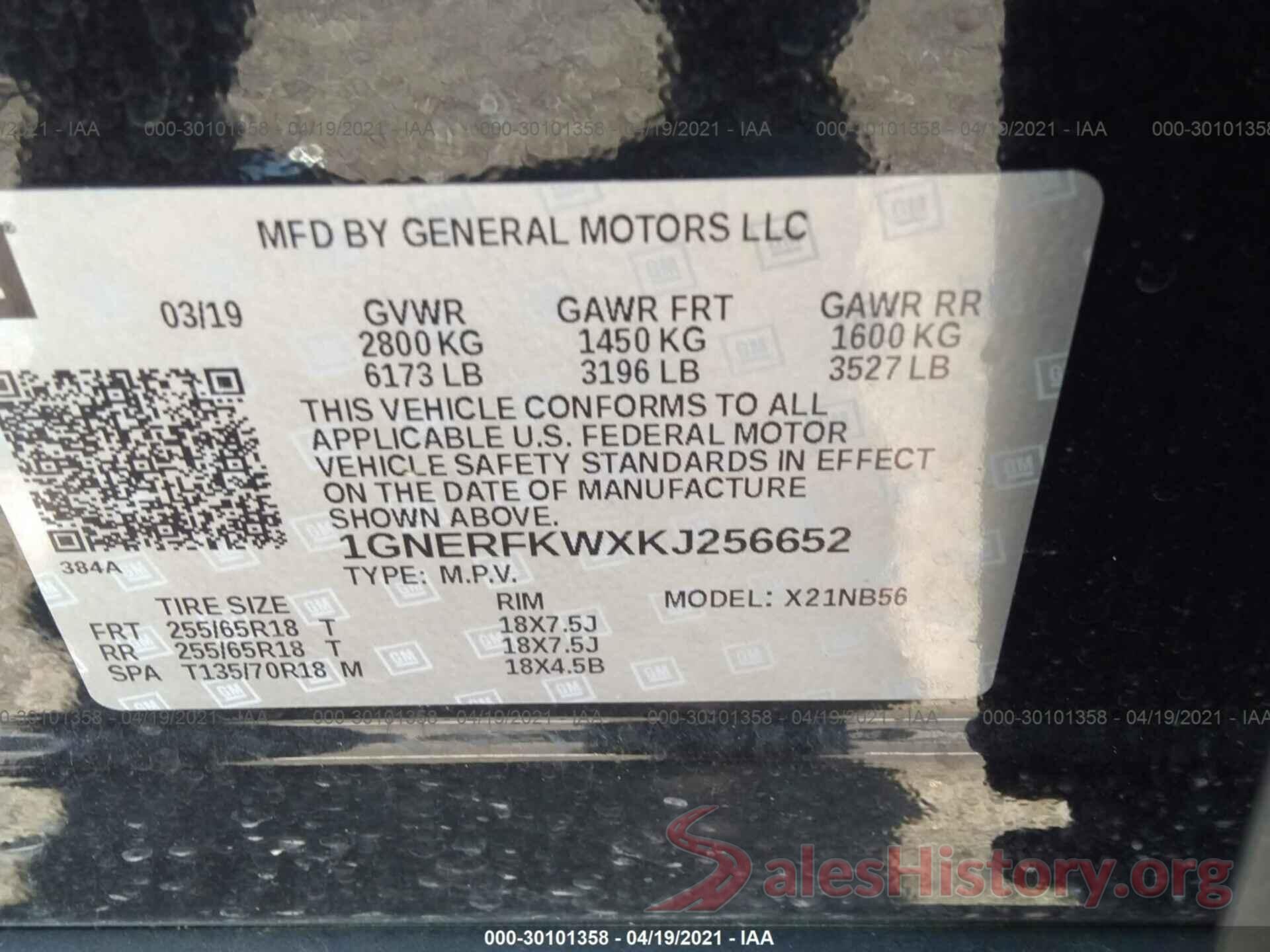 1GNERFKWXKJ256652 2019 CHEVROLET TRAVERSE