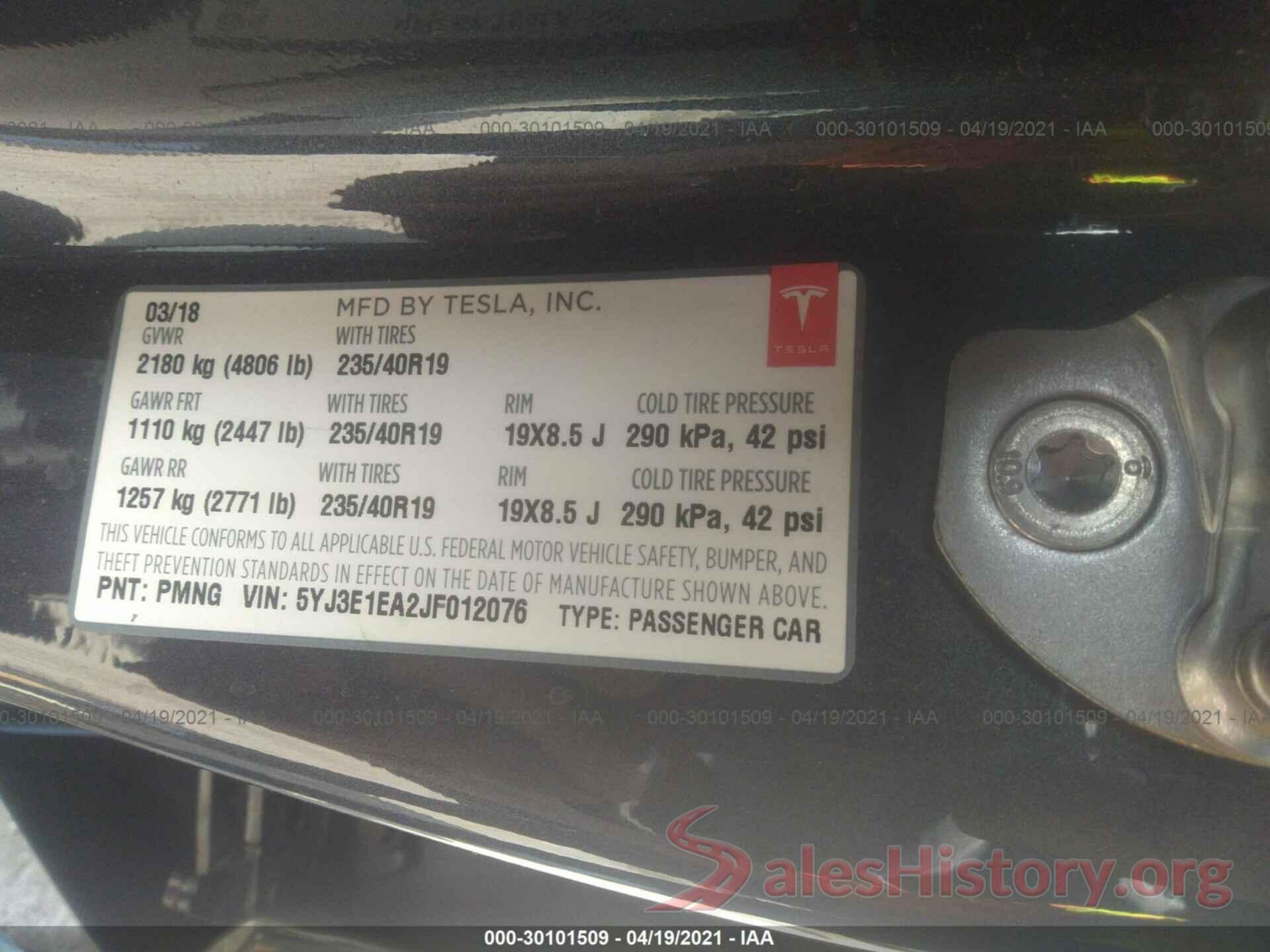 5YJ3E1EA2JF012076 2018 TESLA MODEL 3