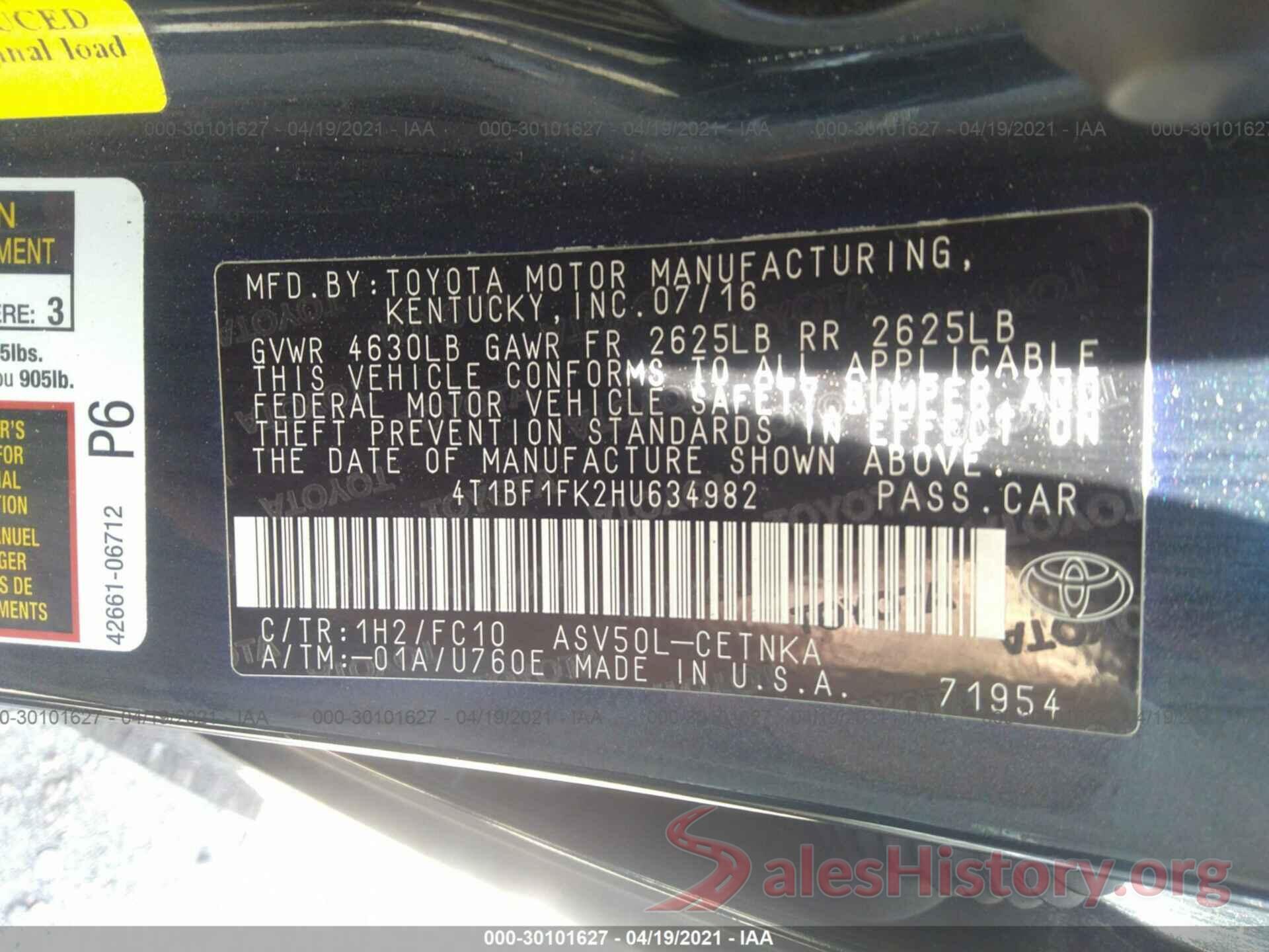 4T1BF1FK2HU634982 2017 TOYOTA CAMRY