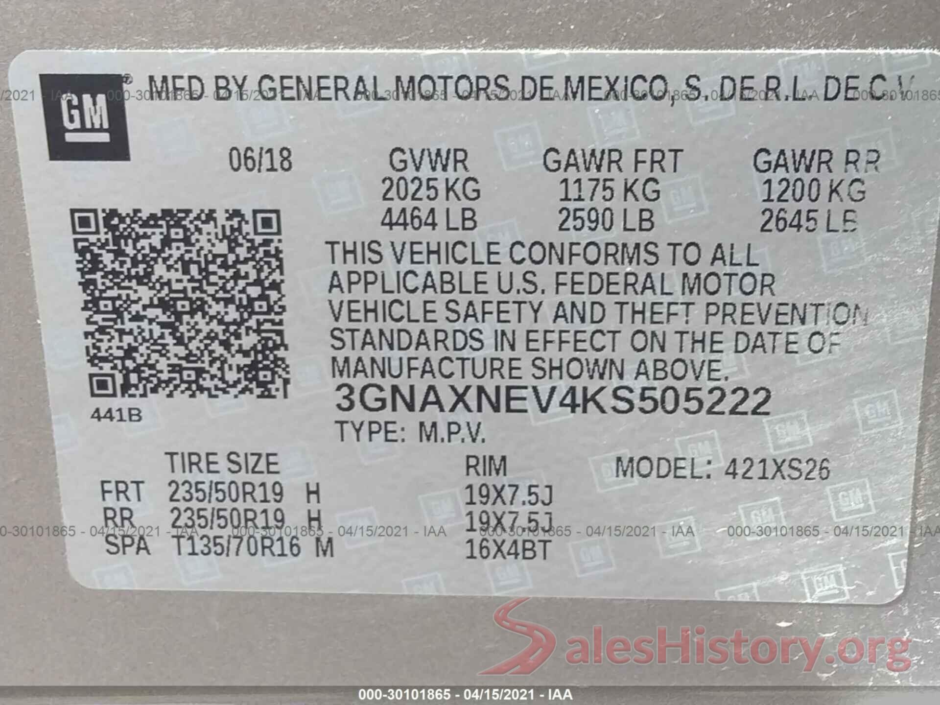 3GNAXNEV4KS505222 2019 CHEVROLET EQUINOX