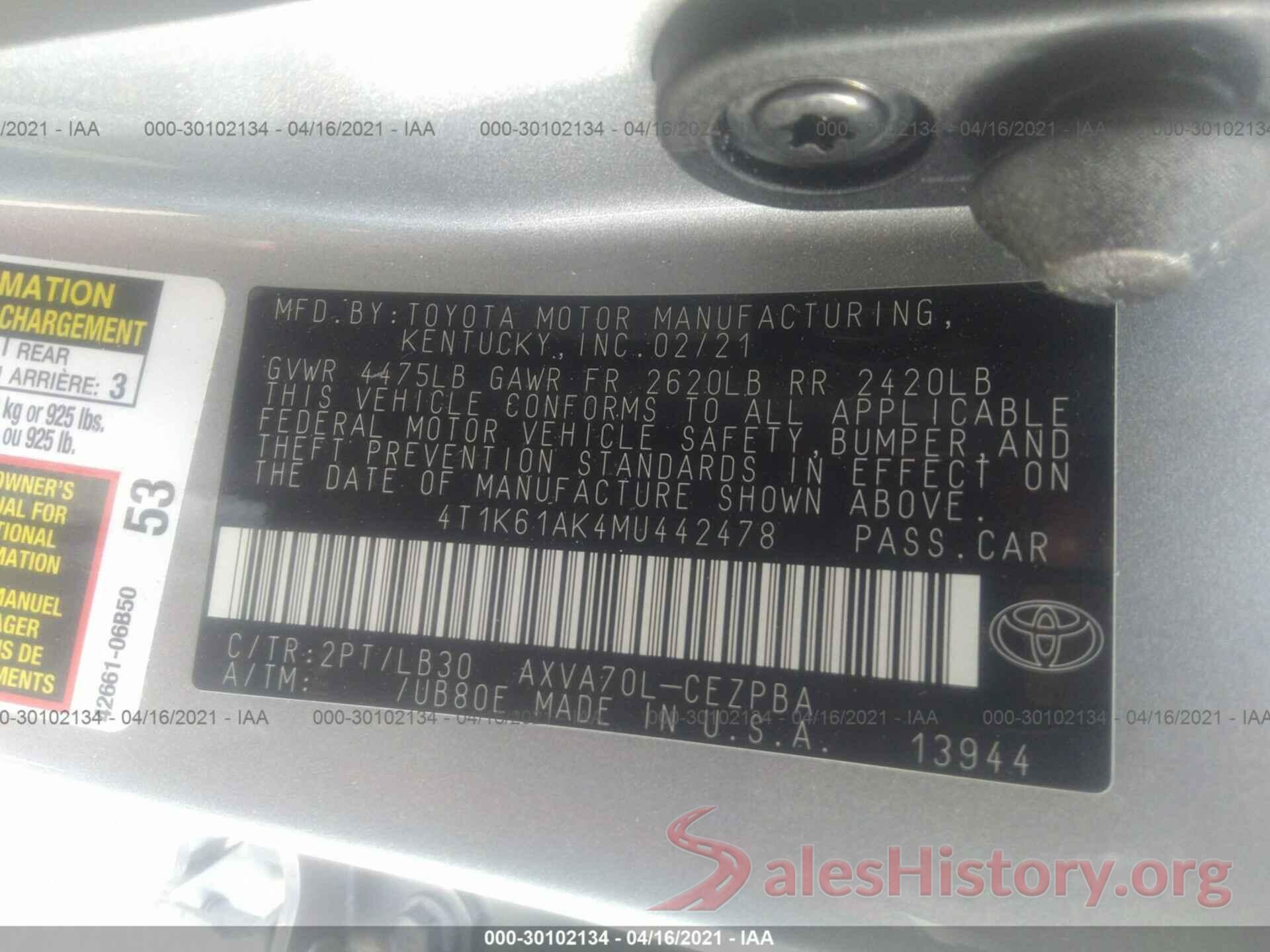 4T1K61AK4MU442478 2021 TOYOTA CAMRY