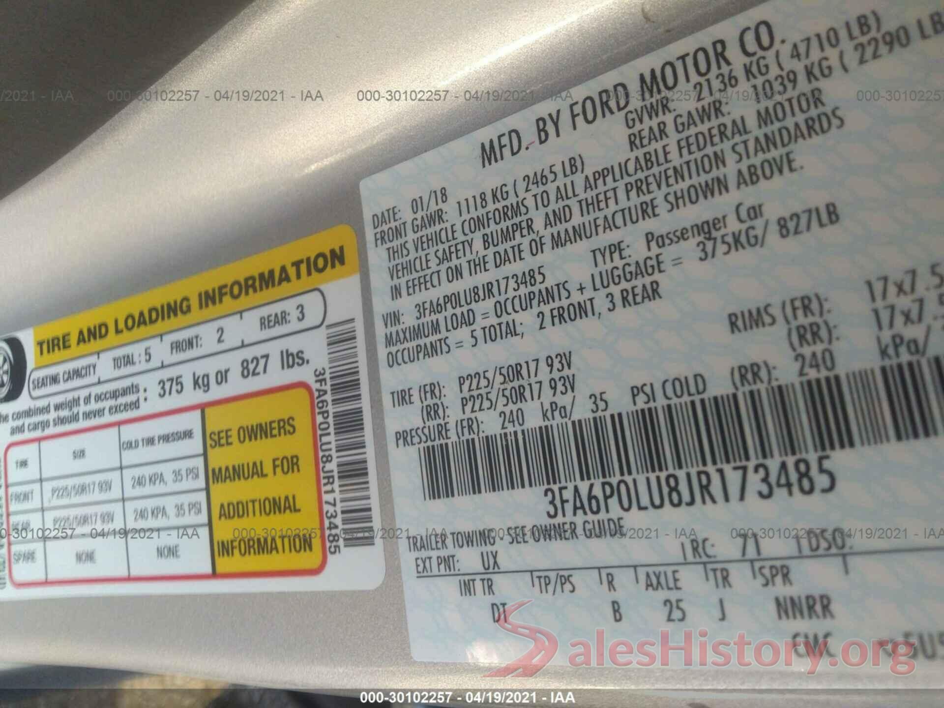 3FA6P0LU8JR173485 2018 FORD FUSION HYBRID