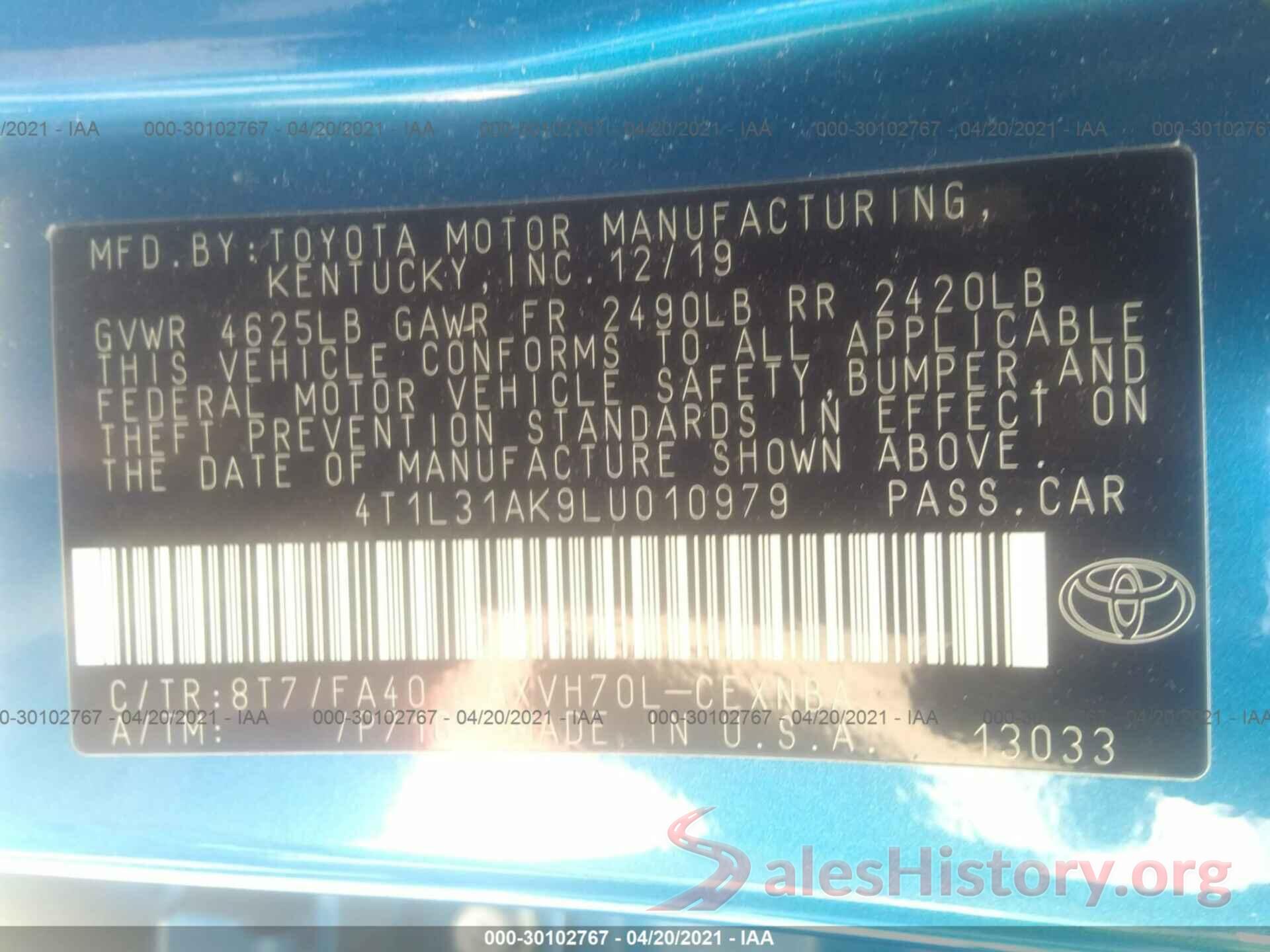 4T1L31AK9LU010979 2020 TOYOTA CAMRY