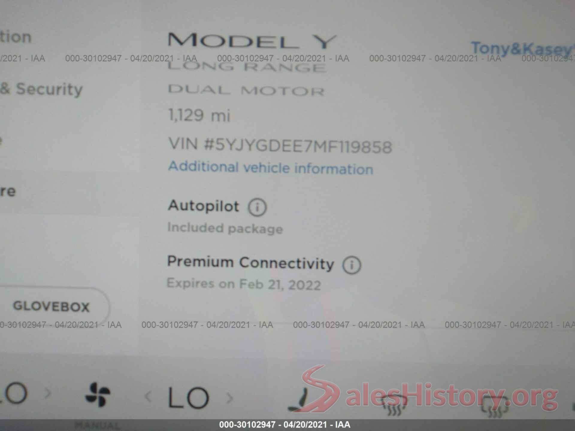 5YJYGDEE7MF119858 2021 TESLA MODEL Y