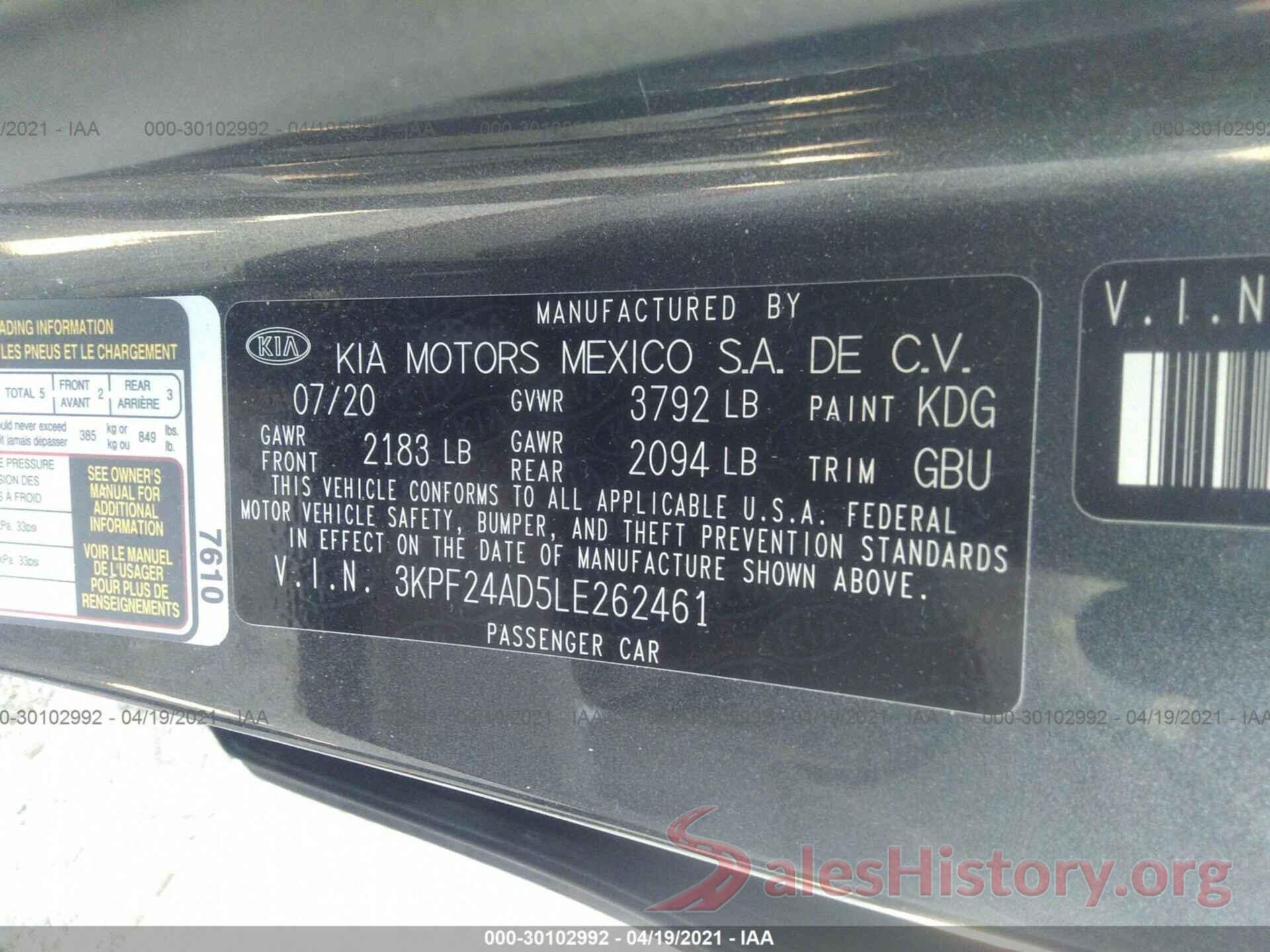 3KPF24AD5LE262461 2020 KIA FORTE