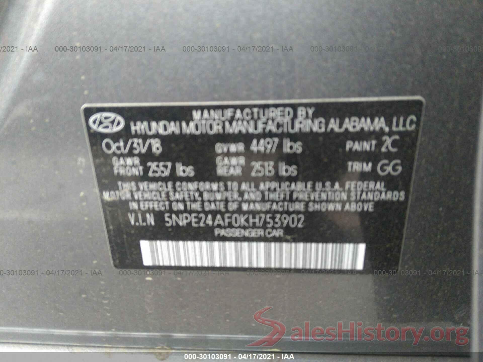 5NPE24AF0KH753902 2019 HYUNDAI SONATA