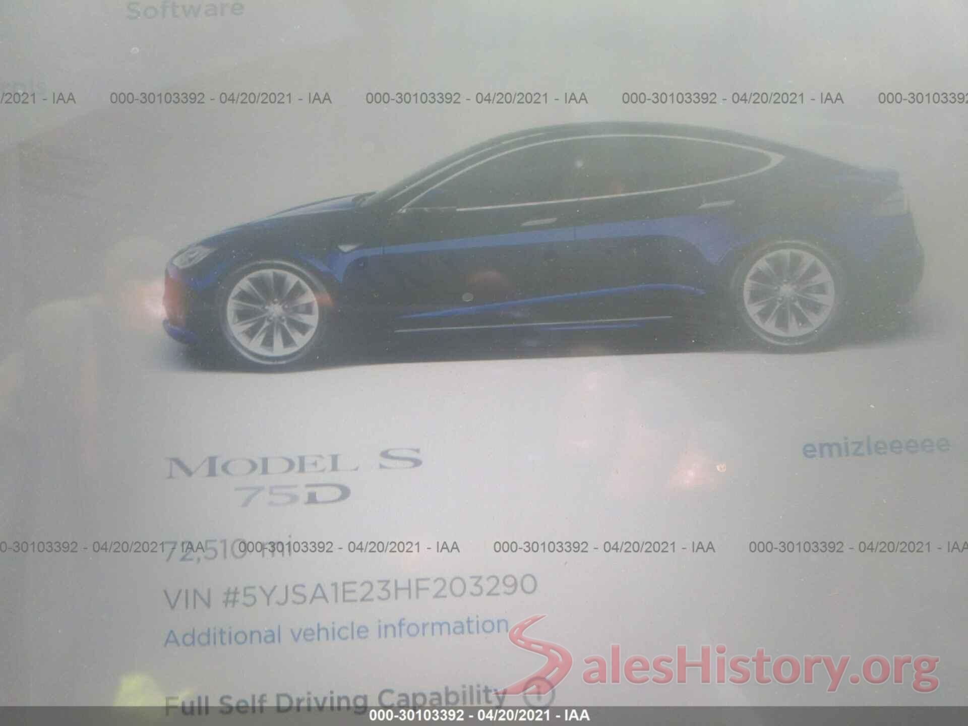 5YJSA1E23HF203290 2017 TESLA MODEL S