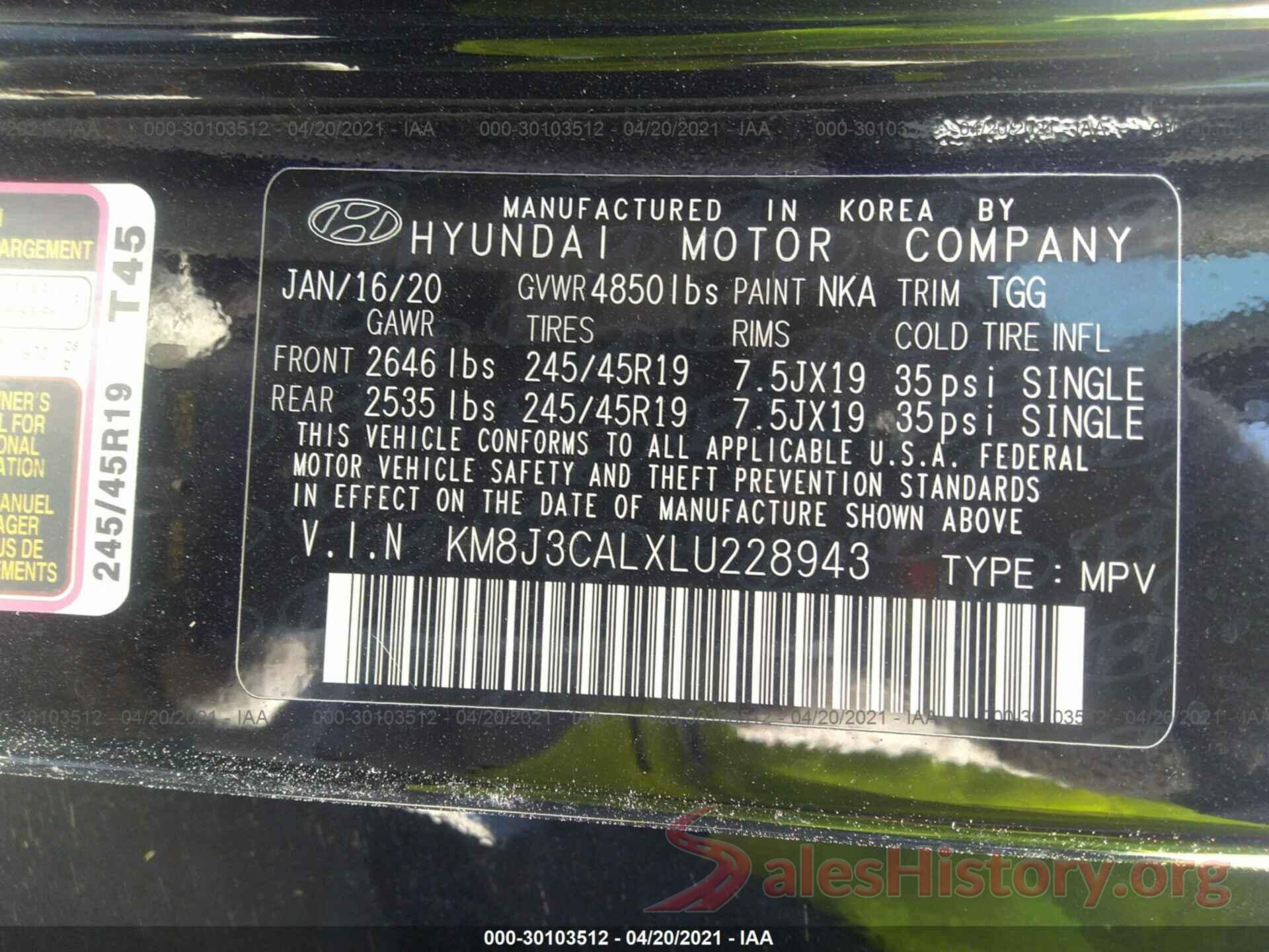 KM8J3CALXLU228943 2020 HYUNDAI TUCSON