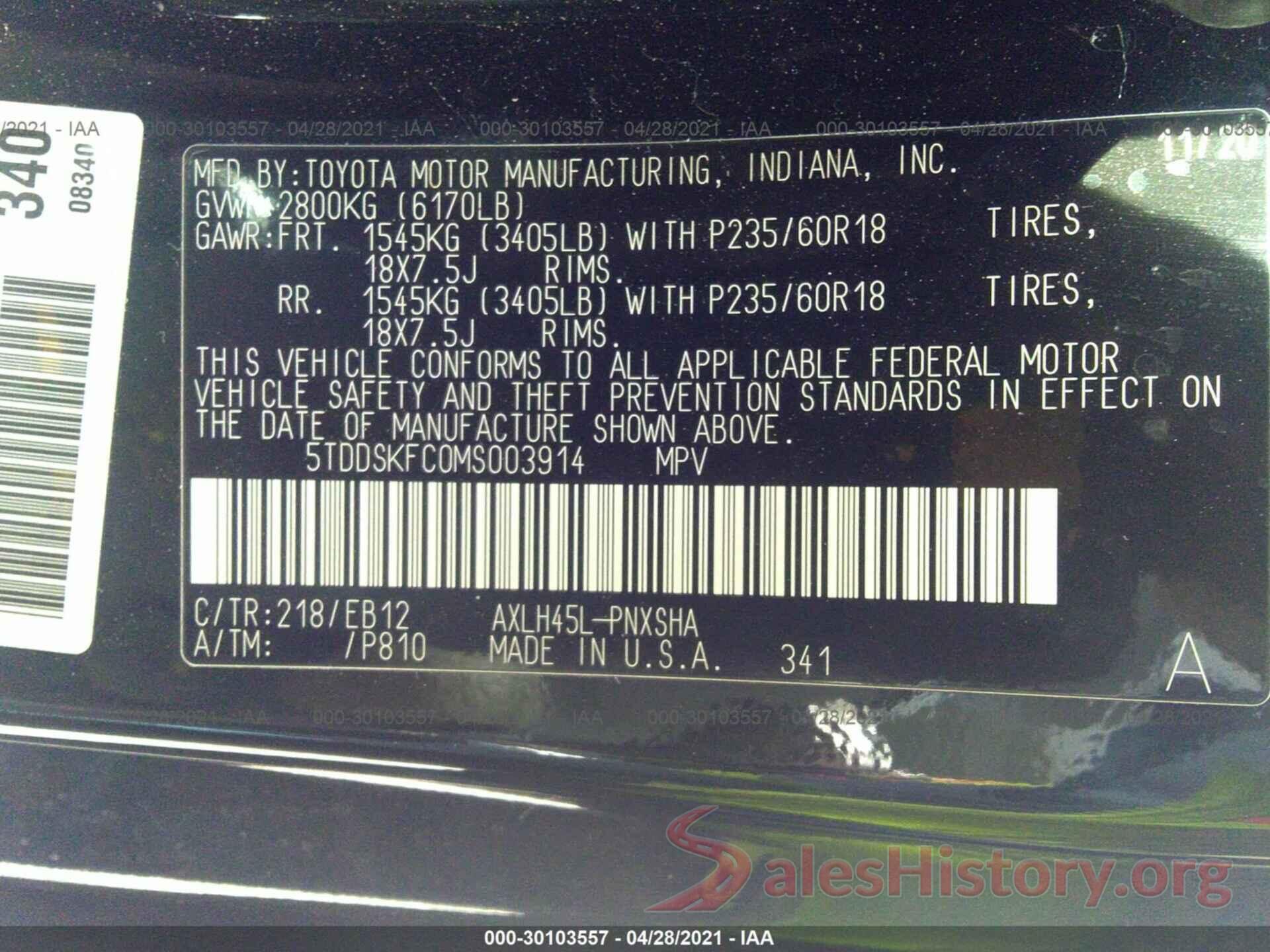 5TDDSKFC0MS003914 2021 TOYOTA SIENNA