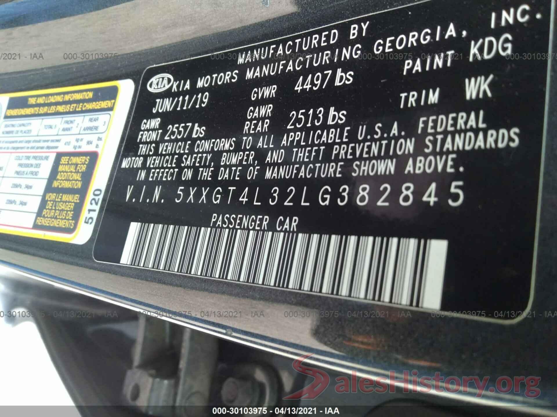 5XXGT4L32LG382845 2020 KIA OPTIMA