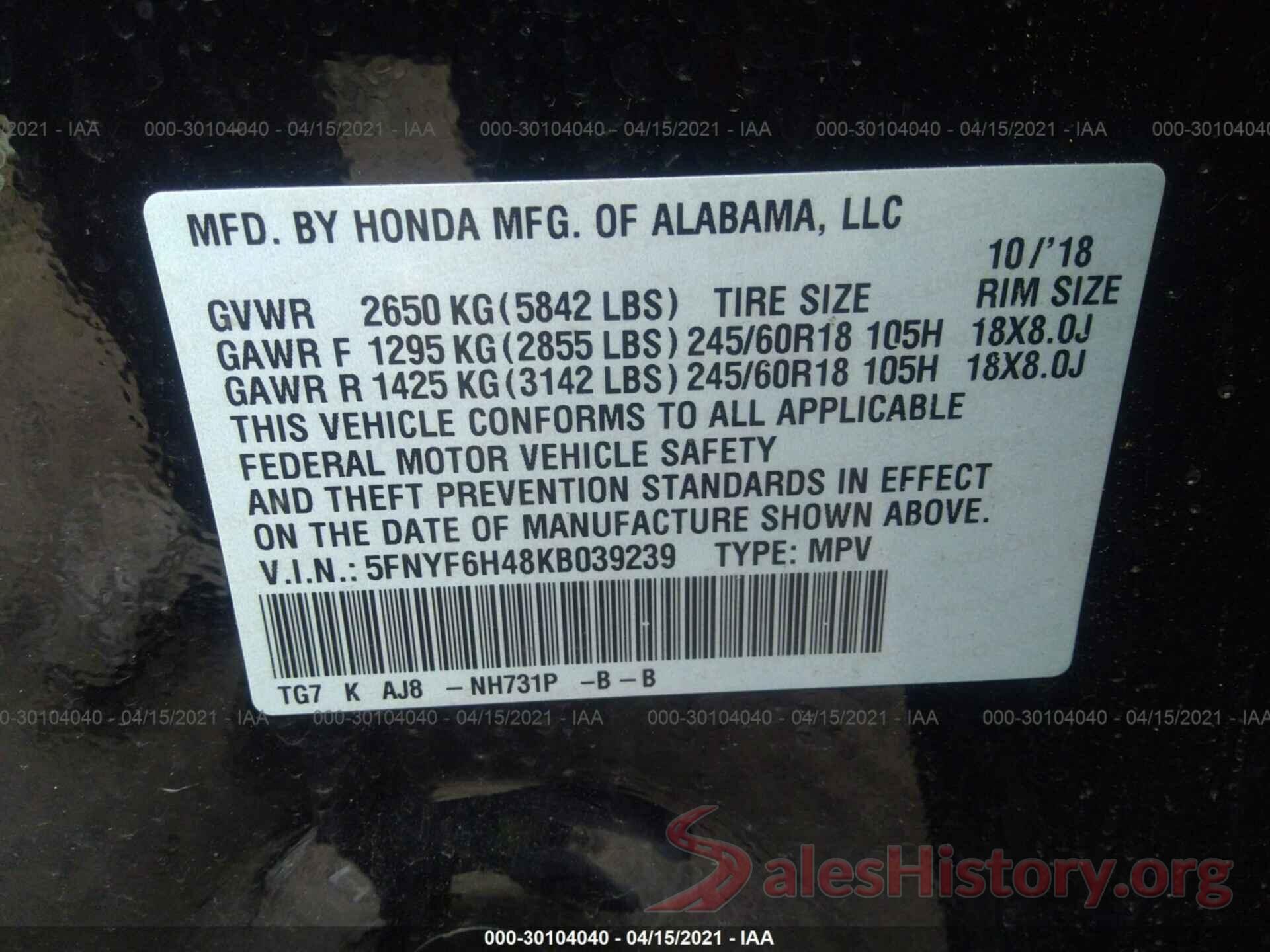 5FNYF6H48KB039239 2019 HONDA PILOT