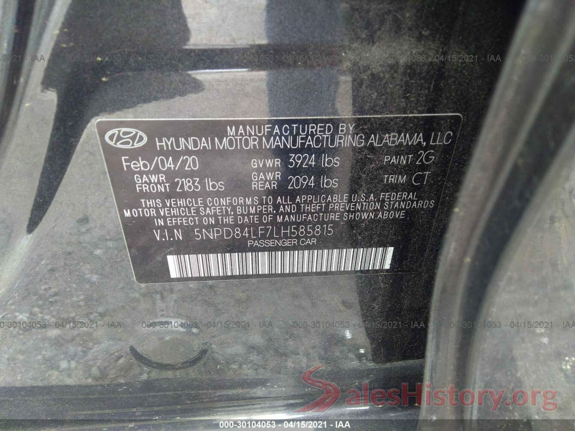 5NPD84LF7LH585815 2020 HYUNDAI ELANTRA