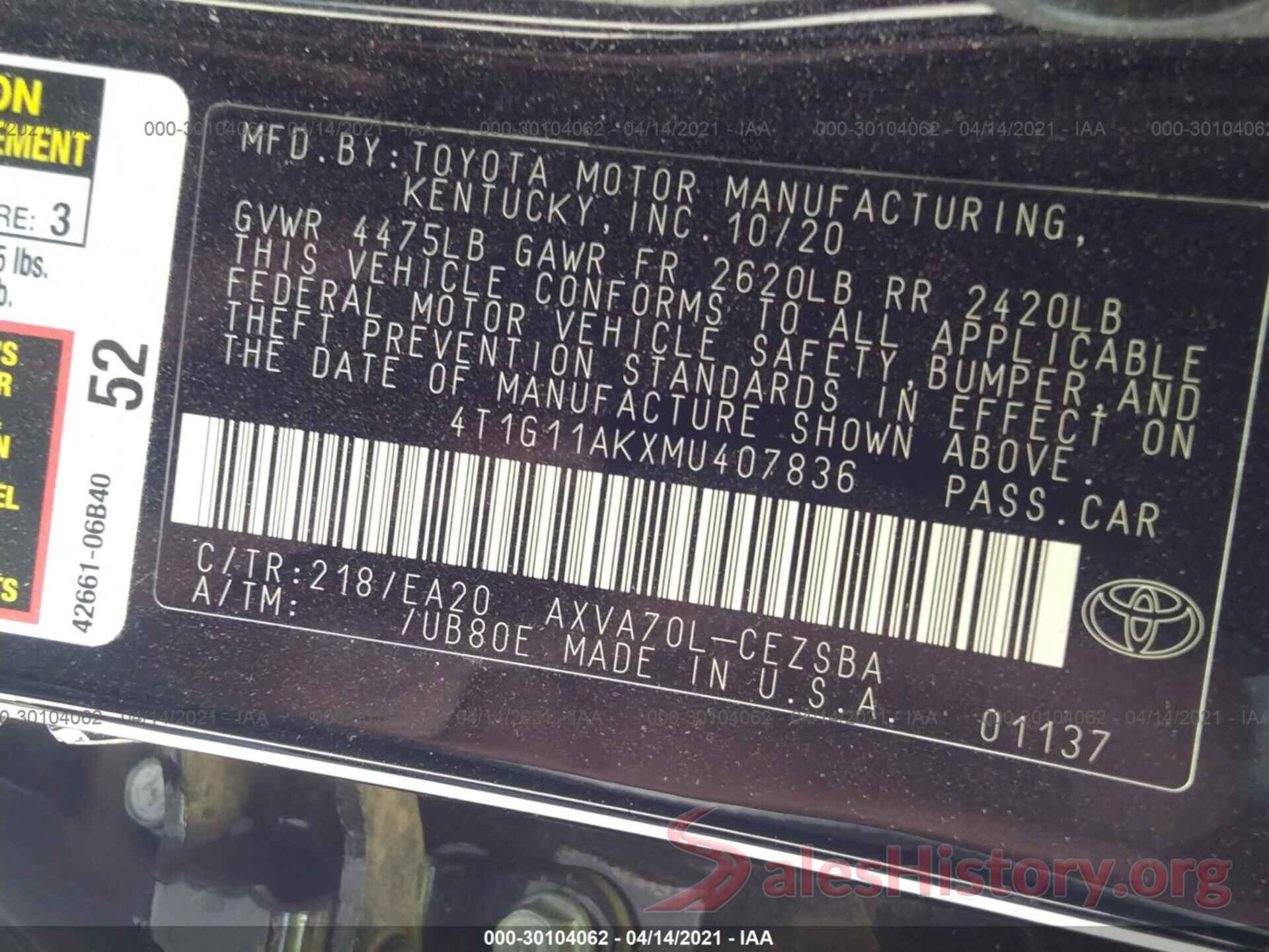 4T1G11AKXMU407836 2021 TOYOTA CAMRY