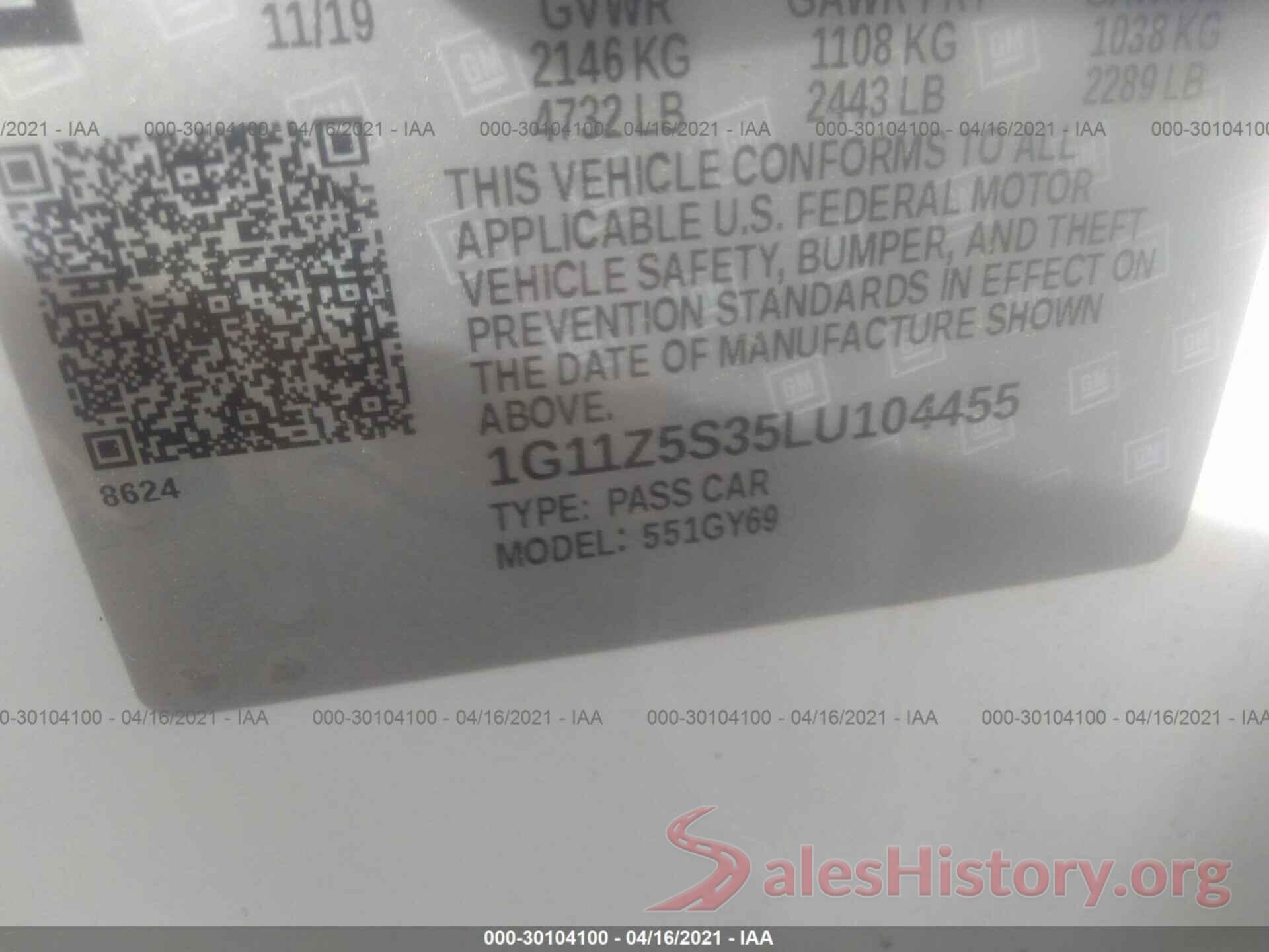 1G11Z5S35LU104455 2020 CHEVROLET IMPALA